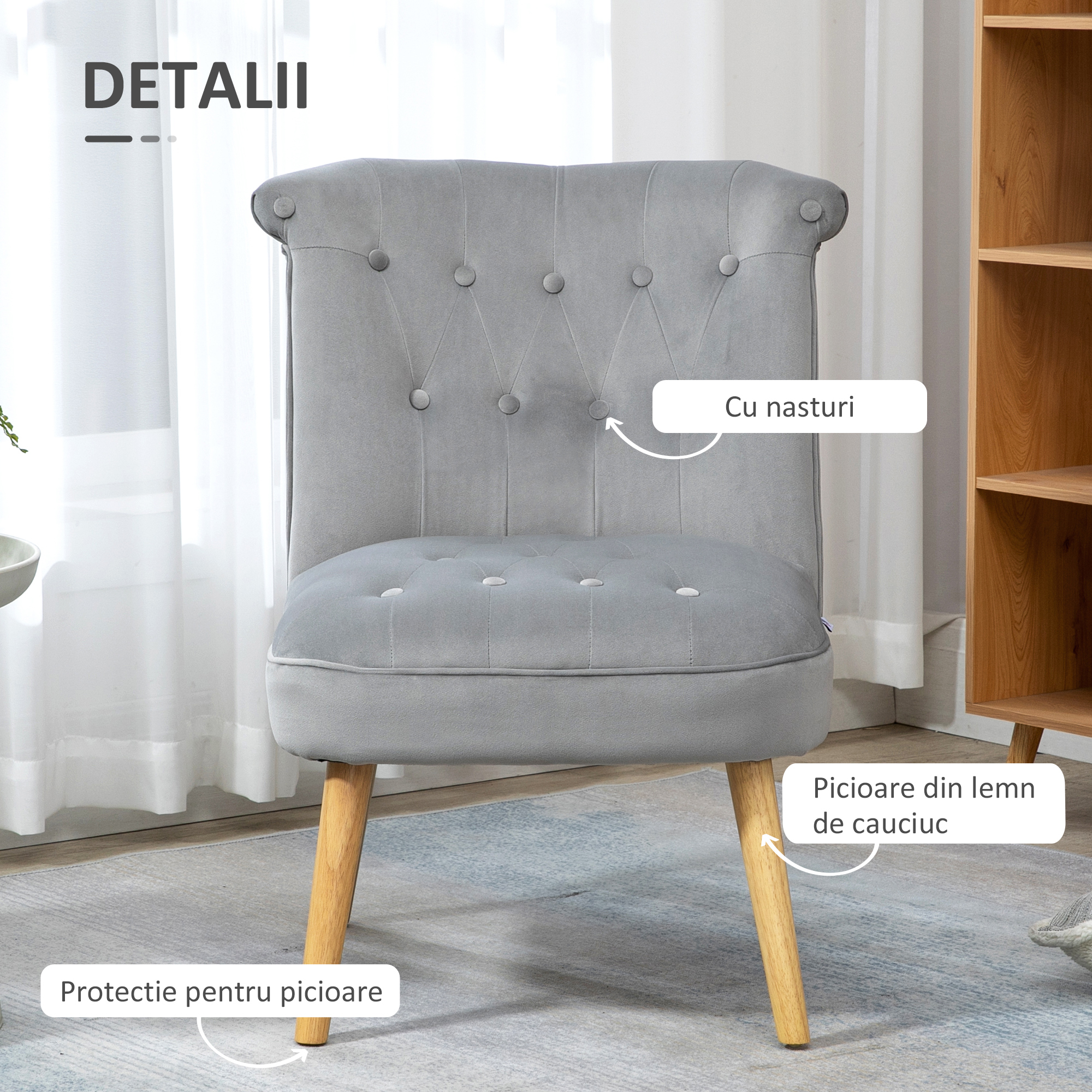  Scaun modern de accent capitonat, fotoliu de catifea pentru dormitor cu picioare din lemn, gri [4]