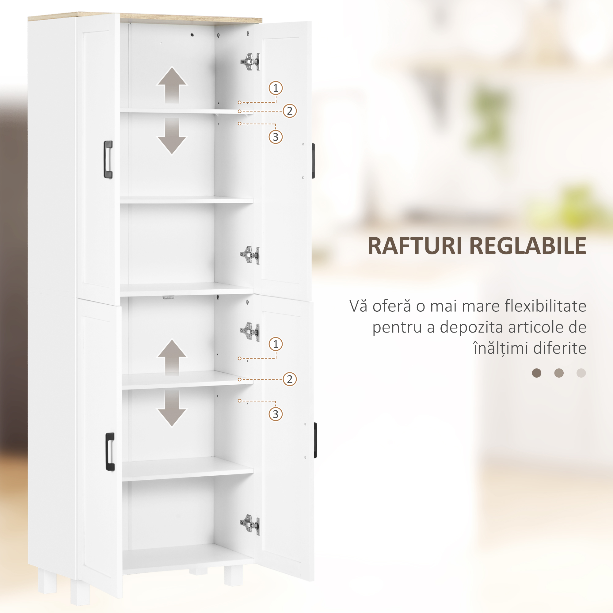  Dulap de Bucatarie din Lemn cu 5 Rafturi Reglabile si 4 Usi, 60x30x170.5 cm, Alb si culoare Lemn [4]