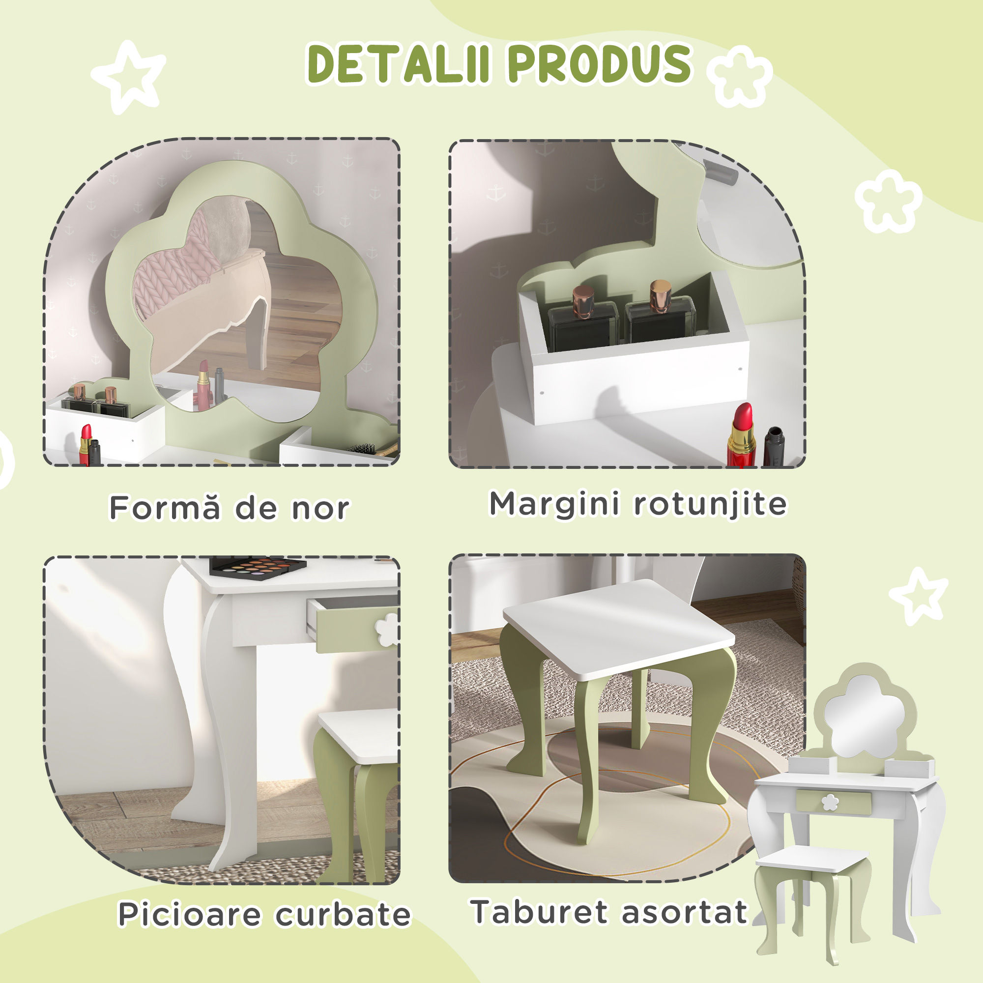  Set de toaleta pentru copii cu oglinda de machiaj si scaunel asortat din lemn, sertar si recipiente, alb [5]