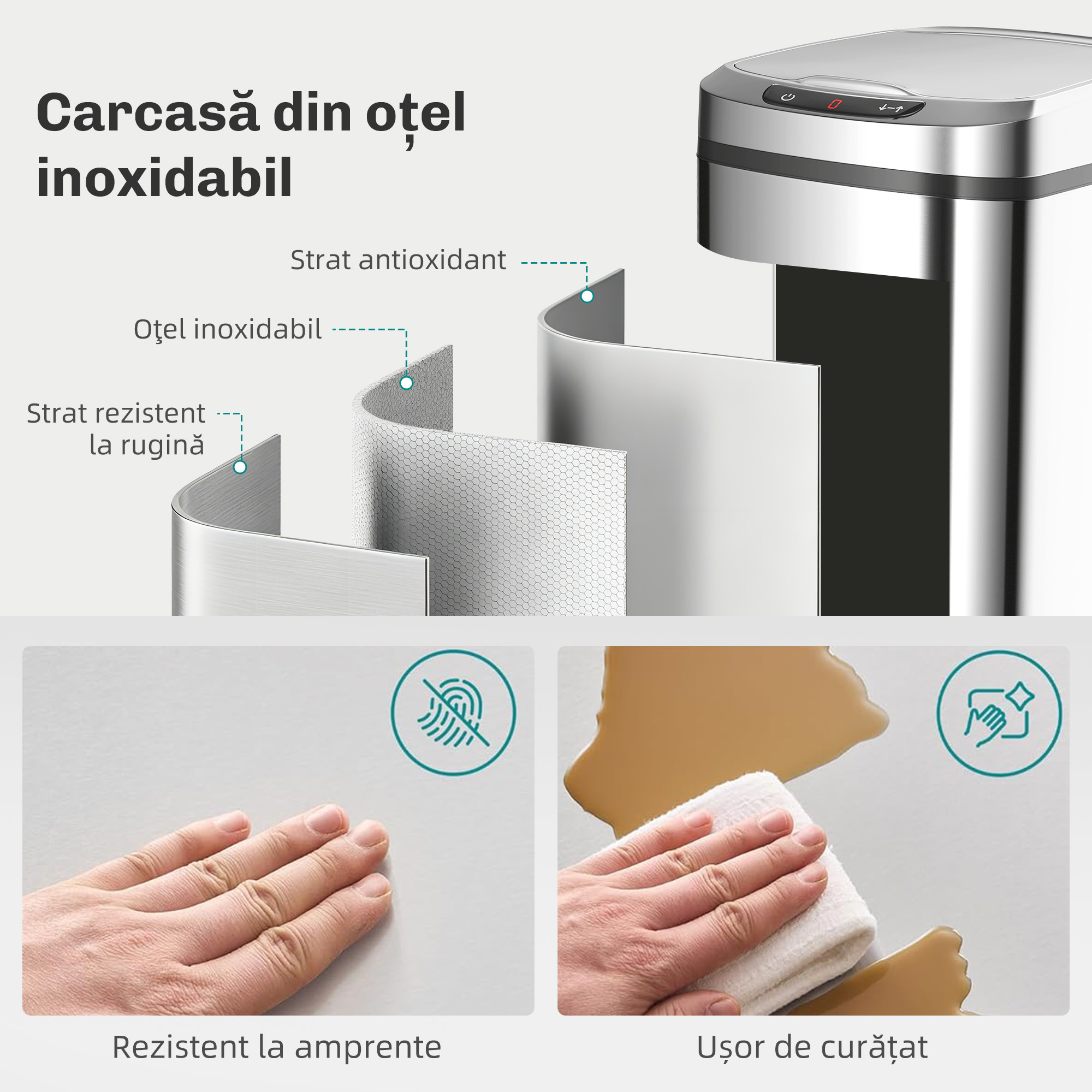  Cos de Gunoi 12L cu Senzor Infrarosu si Recipient Detasabil, din Otel Inoxidabil, ABS si PP, 28x22x41 cm, Argintiu [6]