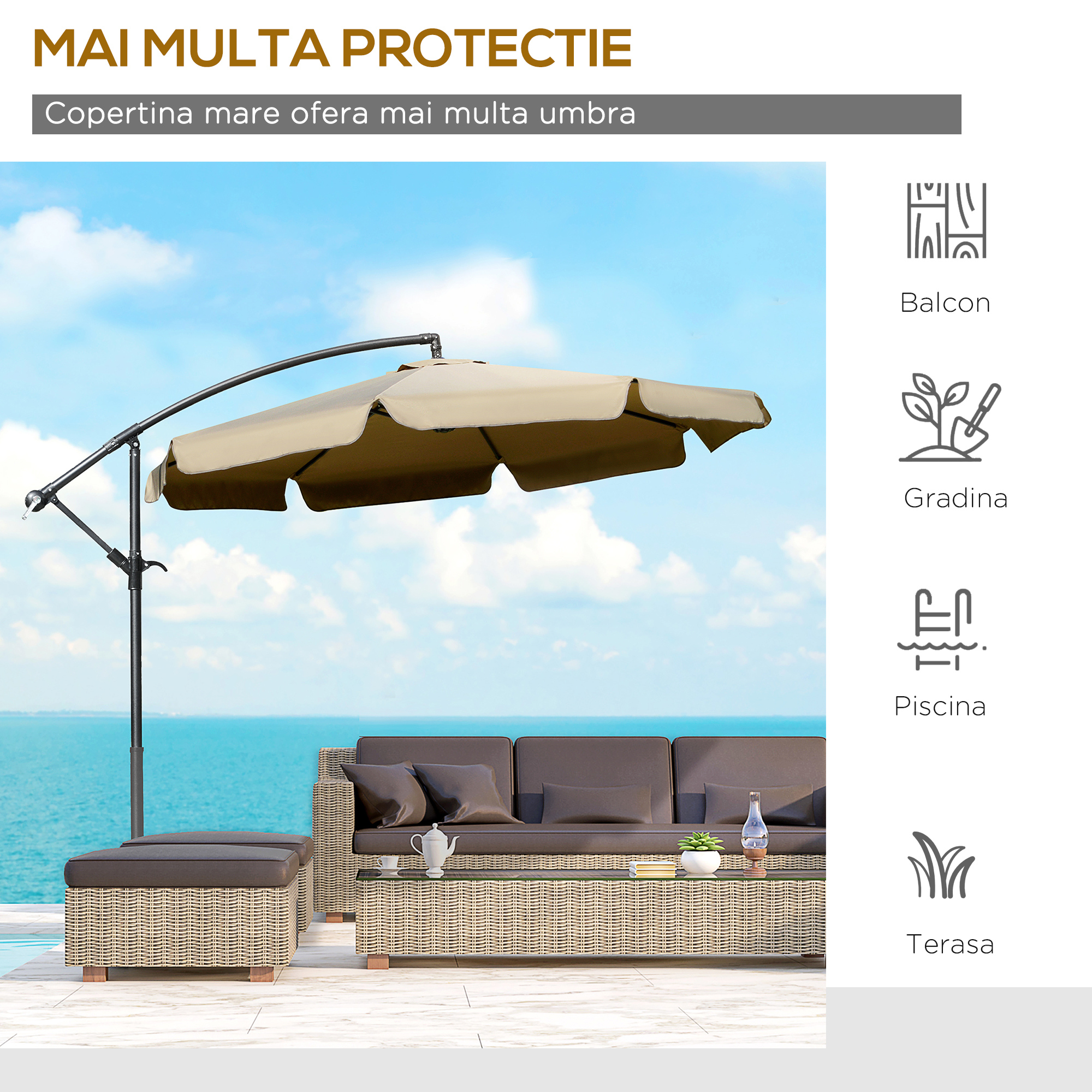  - Umbrela de gradina suspendata, cu deschidere cu manivela, din metal si poliester, Ø2,7x2,7 m, cafenie [6]