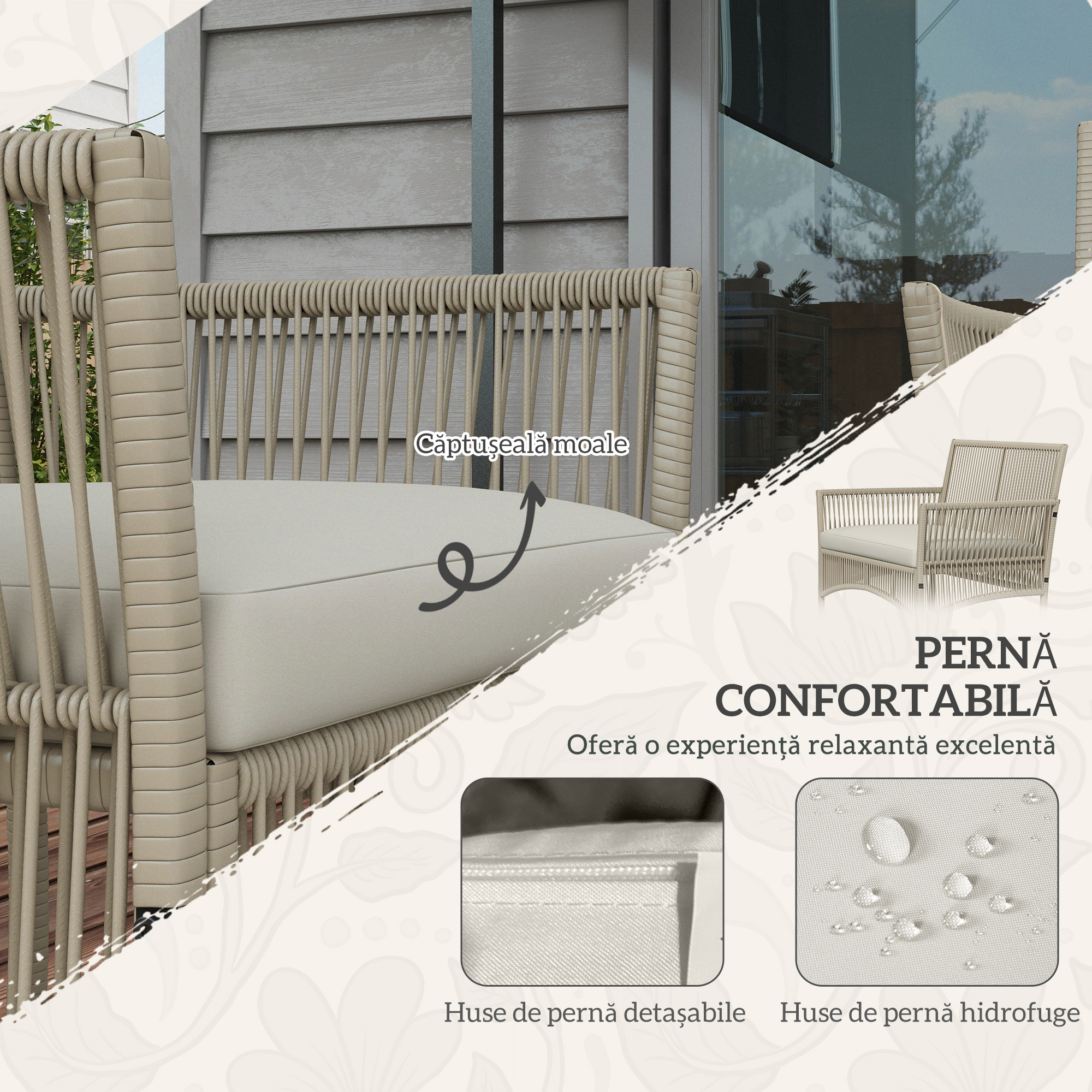  Set de Gradina cu 2 Fotolii de Exterior, Canapea si Masuta, 56x56x80 cm, Kaki [3]