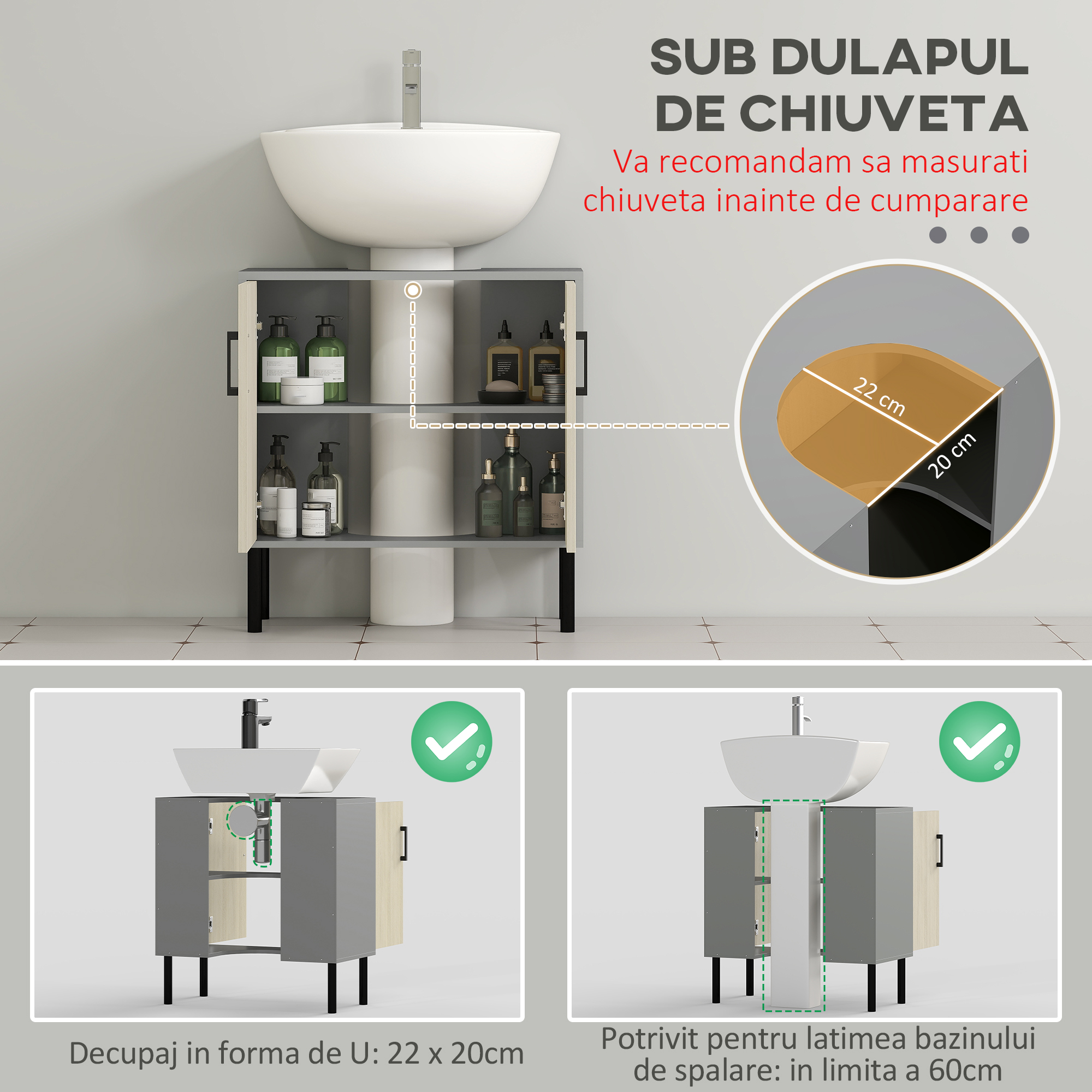  Dulap sub Chiuveta, Dulap de Depozitare pentru Chiuveta cu Usi Duble si Raft, 60x30x60 cm, Lemn Natural [3]