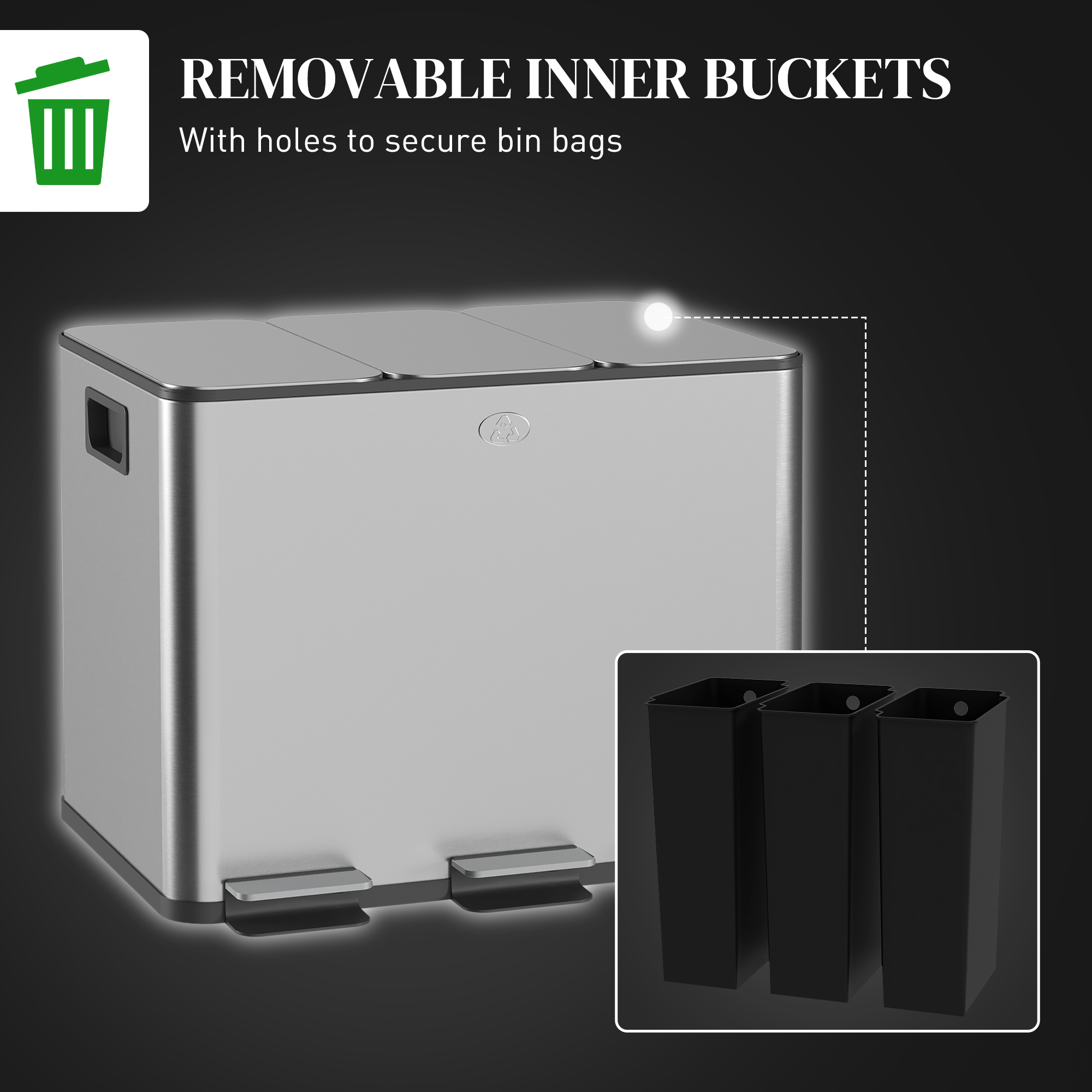  Cos de Gunoi cu 3 Compartimente de 20L cu Pedala si Capace Silentioase, 61,9x36,6x56,7 cm, Argintiu [6]