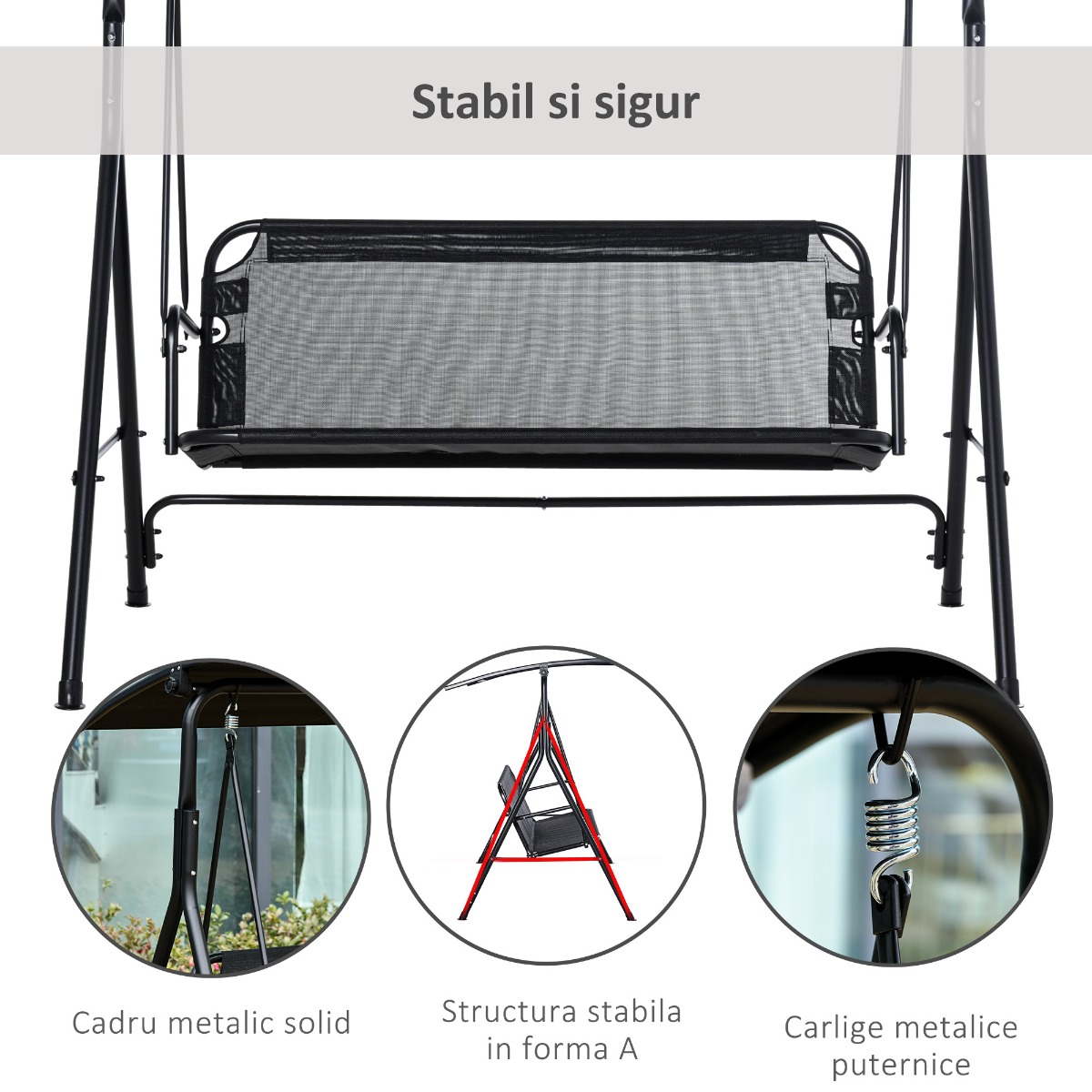  Leagan de Gradina cu 3 Locuri cu Acoperis Parasolar Reglabil Negru 172x110x155cm [3]