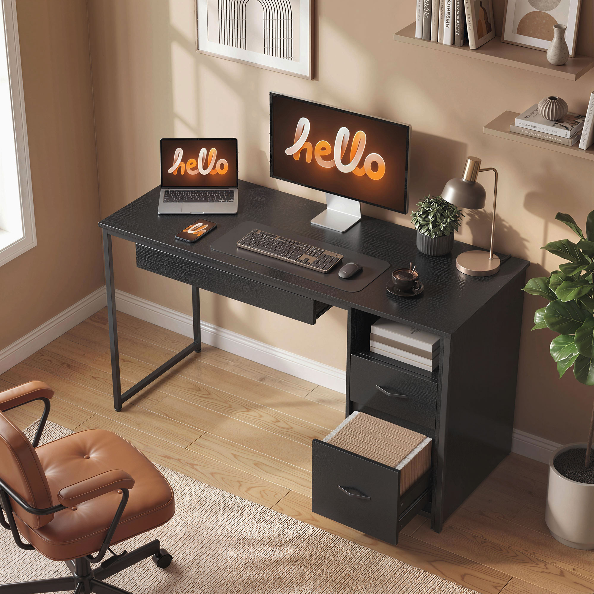  Birou pentru Computer, 120x52.3 cm, Birou Compact cu Suport pentru Tastatura, Compartiment Deschis si Sertare pentru Documente A4, Scrisoare, Legal, Birou Modern pentru Acasa sau Birou, Negru [1]