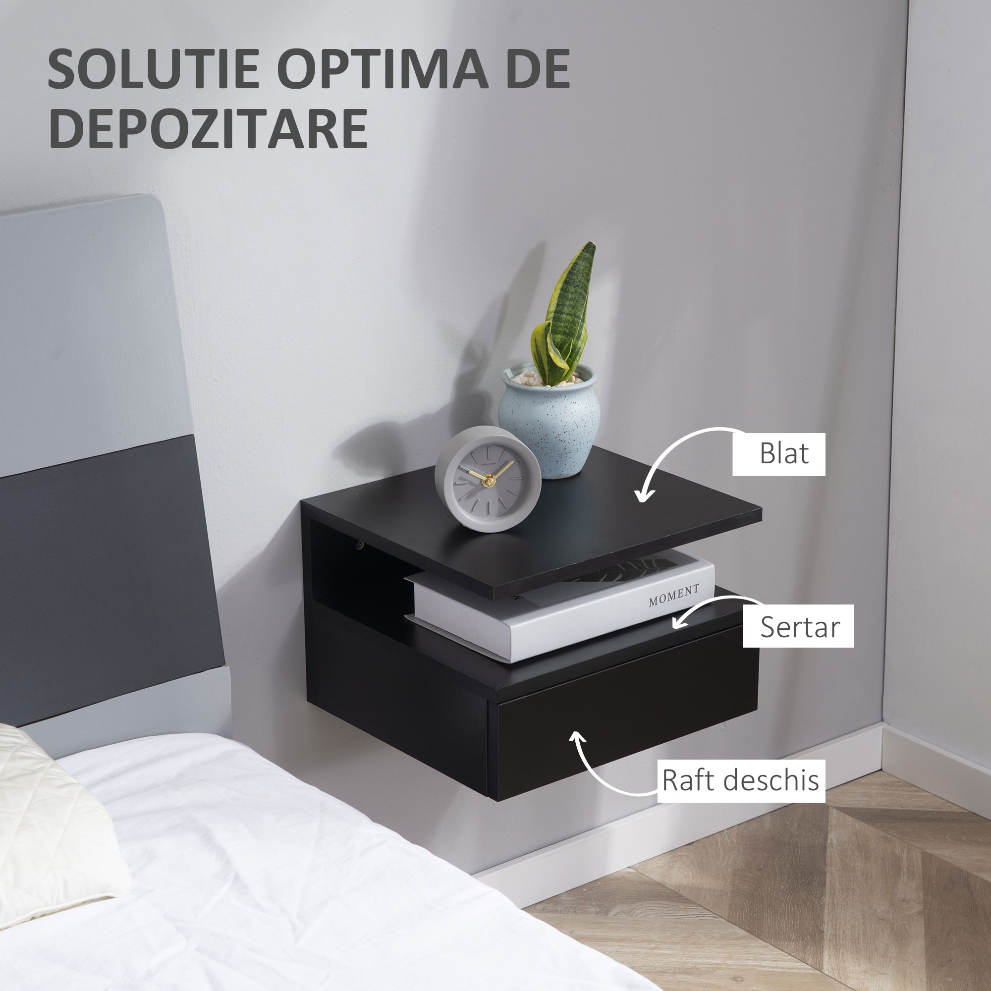  Set 2 Noptiere Suspendate - Lemn Cu Sertar & Polita Superioara [5]