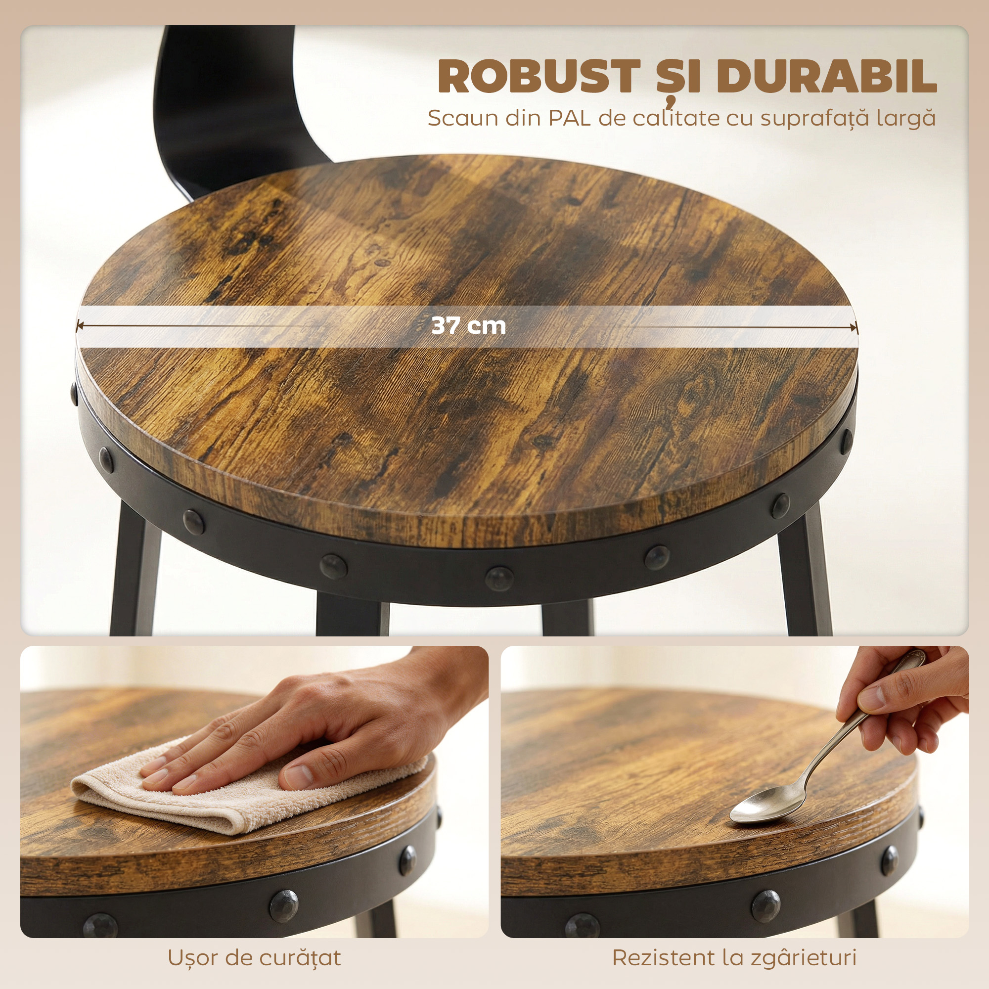  Set 2 Scaune de Bar, sezuturi Rustice cu Spatar si Suport pentru Picioare, Maro Rustic [5]