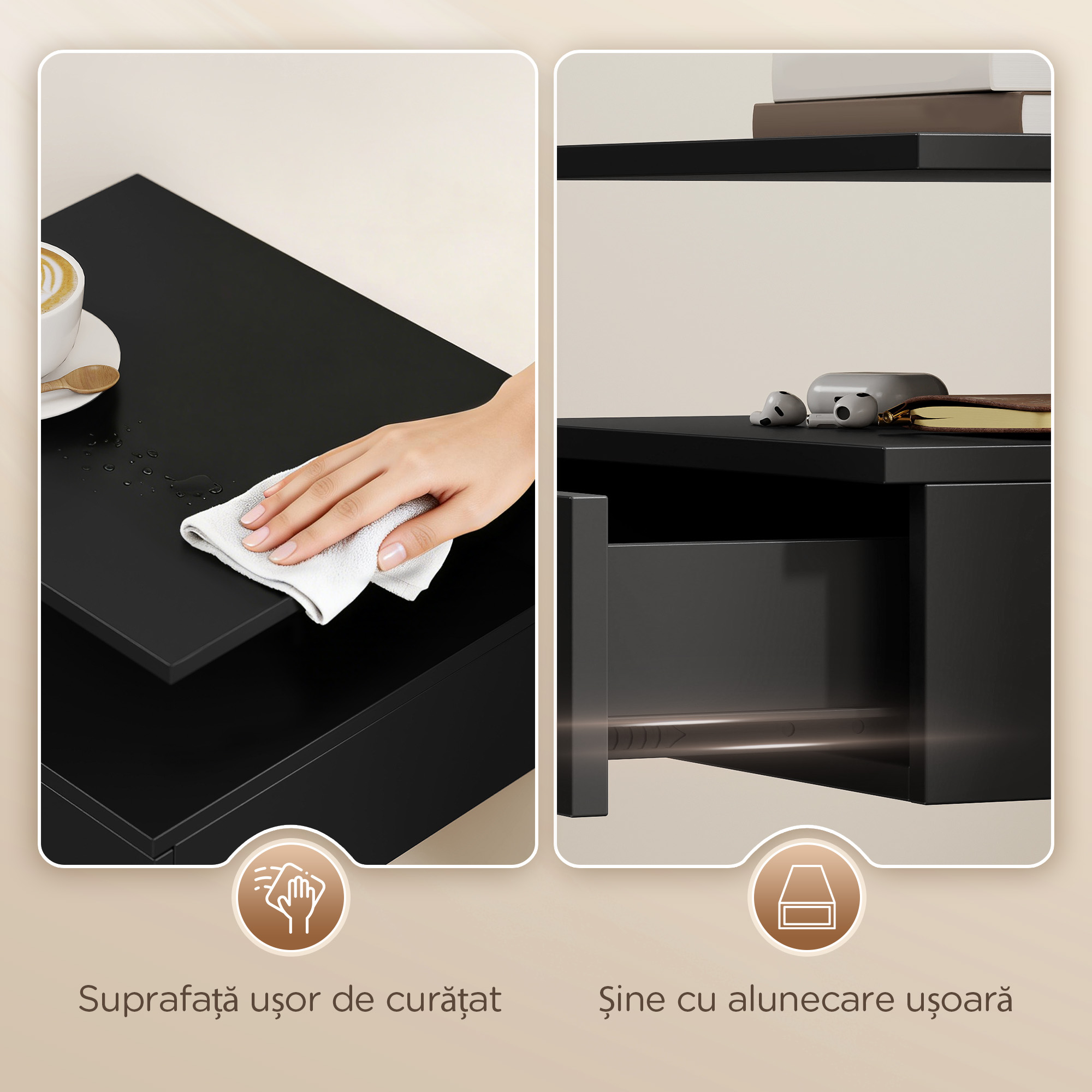  Set de 2 Noptiere Suspendate cu Sertar si Raft Deschis, 35x32x22.5 cm, Negru [6]