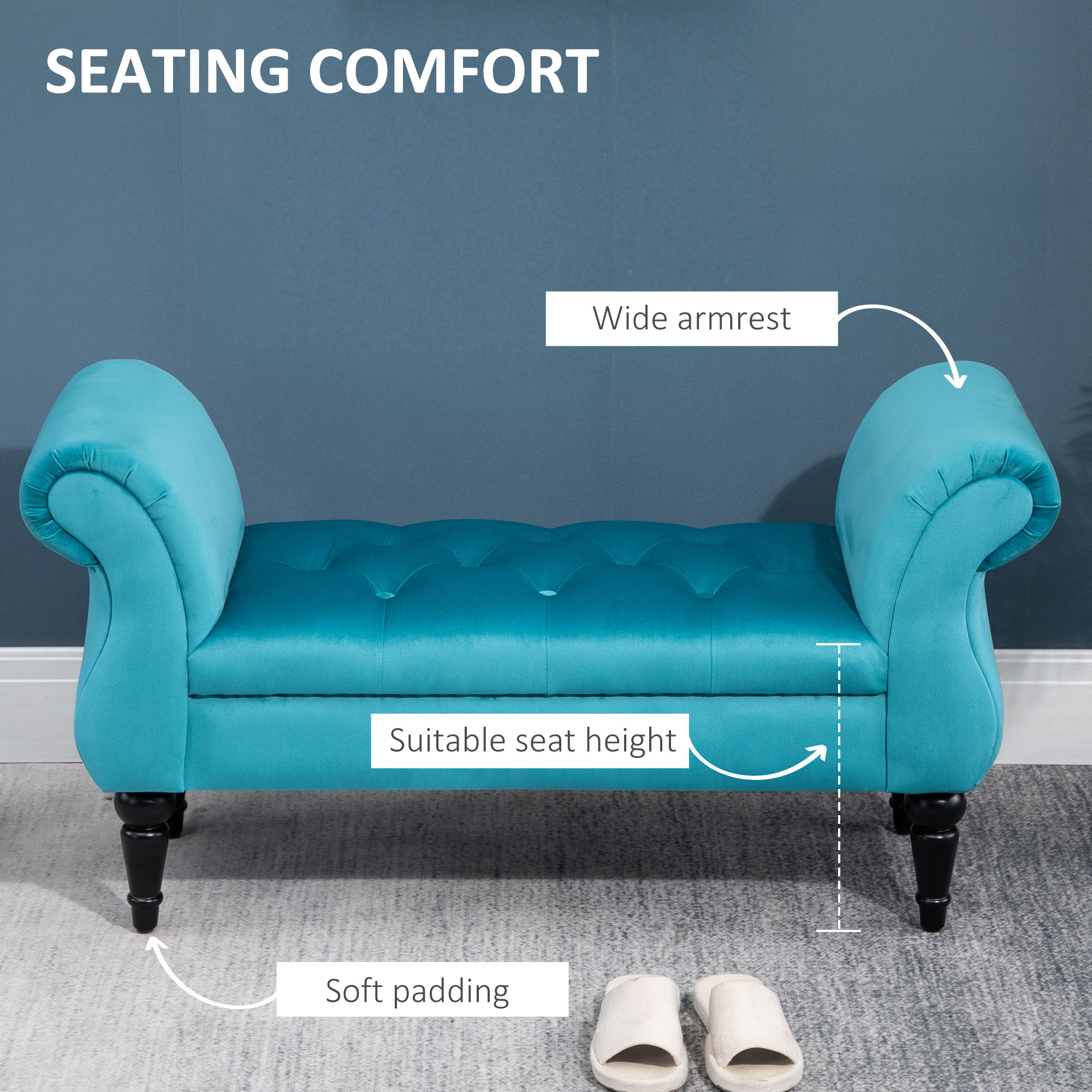  Chaise Captusita Stil Vintage cu Cotiere Tapitate si Cadru din Lemn, Albastru deschis 117x40x58Hcm [3]