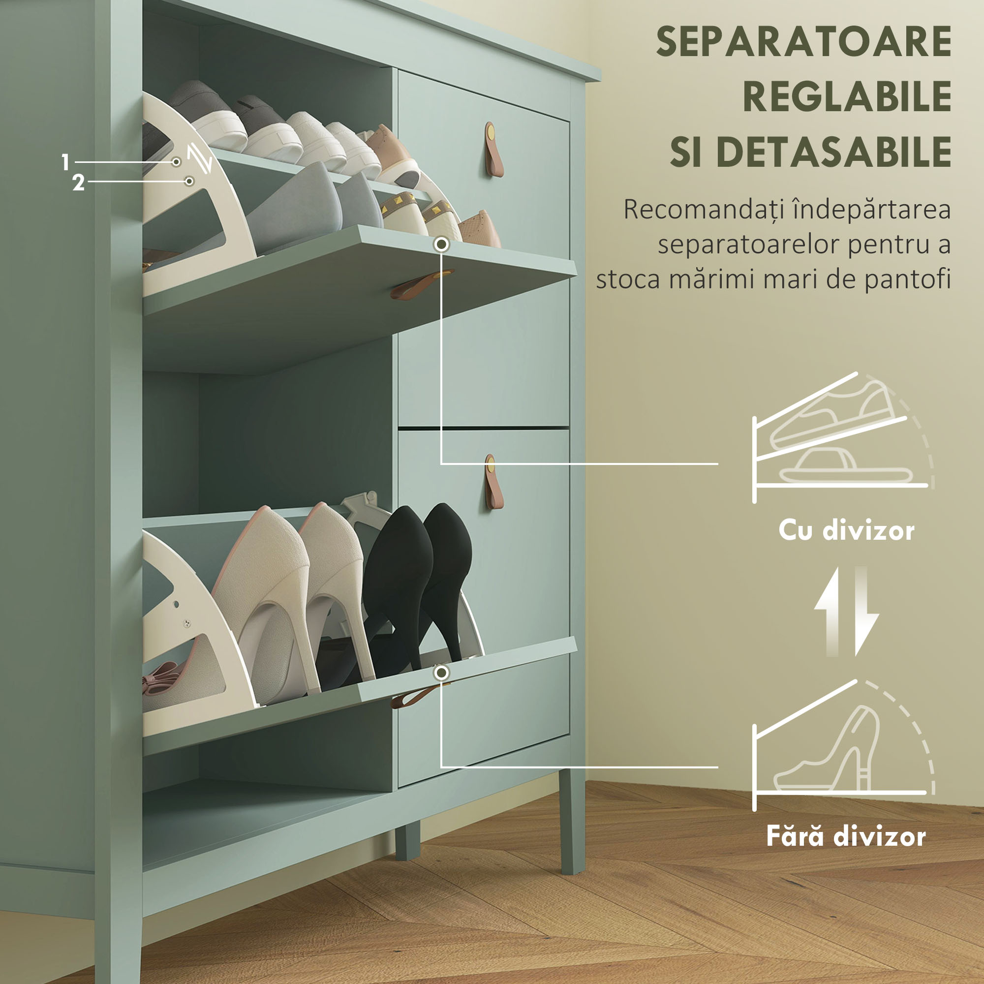  Dulap pentru pantofi 20 perechi, dulap cu 4 sertare rabatabile, rafturi reglabile, verde [4]