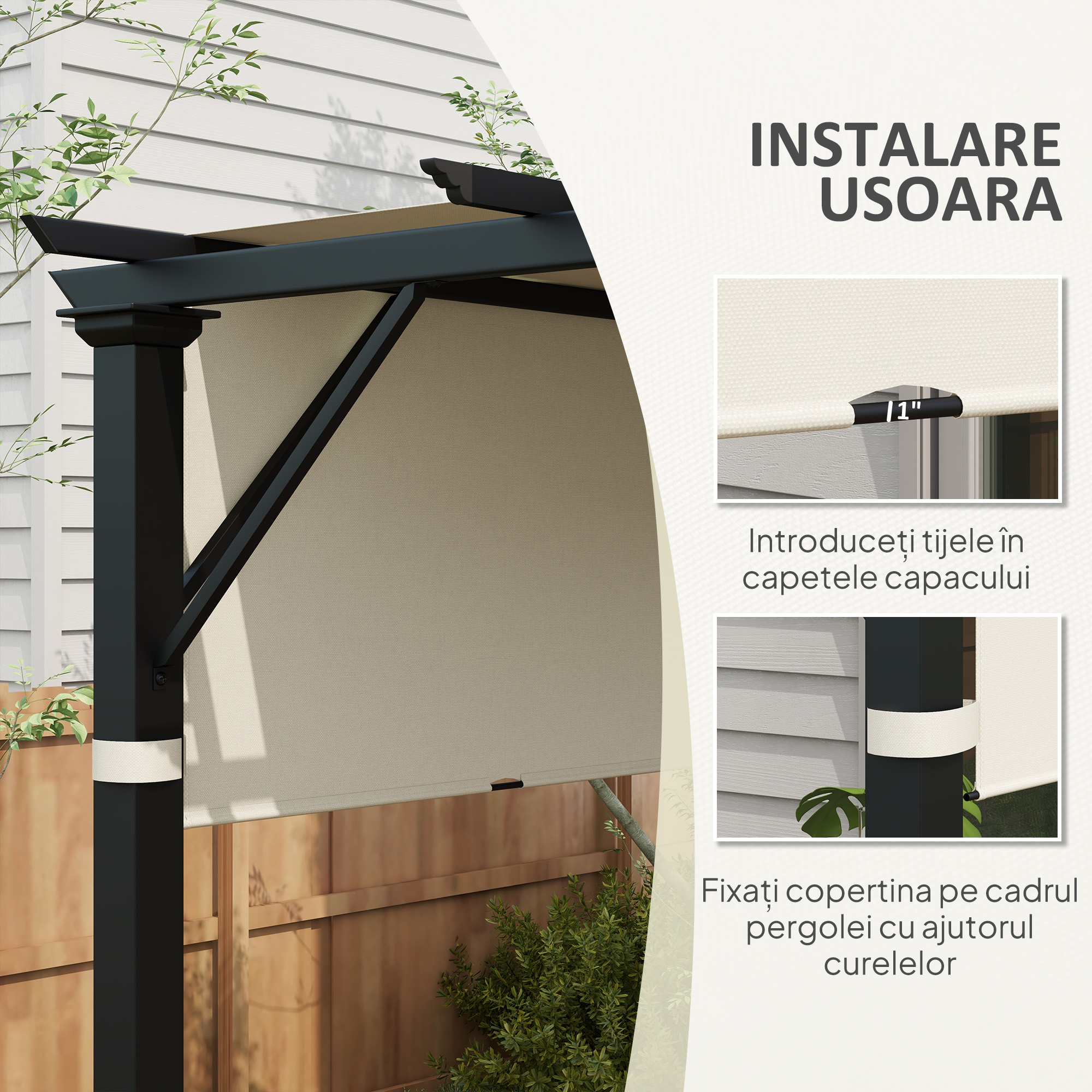  Husa pentru Foisor Pergola 3x3 m din Poliester cu Buzunare si Curele, 488x122 cm, Crem Alb [5]