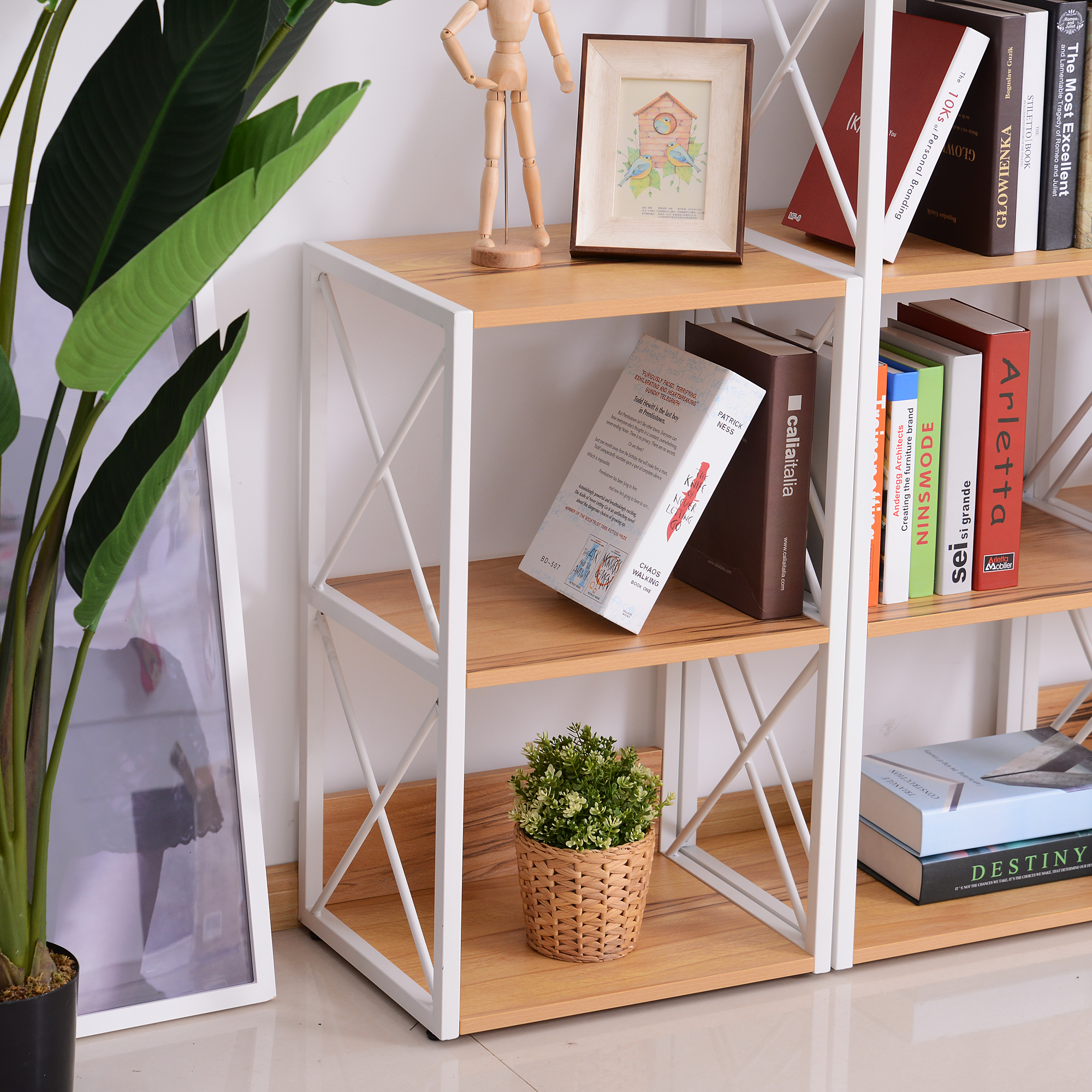  Mobilier Rastel Librarie 3 Rafturi cu Schelet in Otel Alb si Rafturi in Lemn 40x35x72.5cm [5]