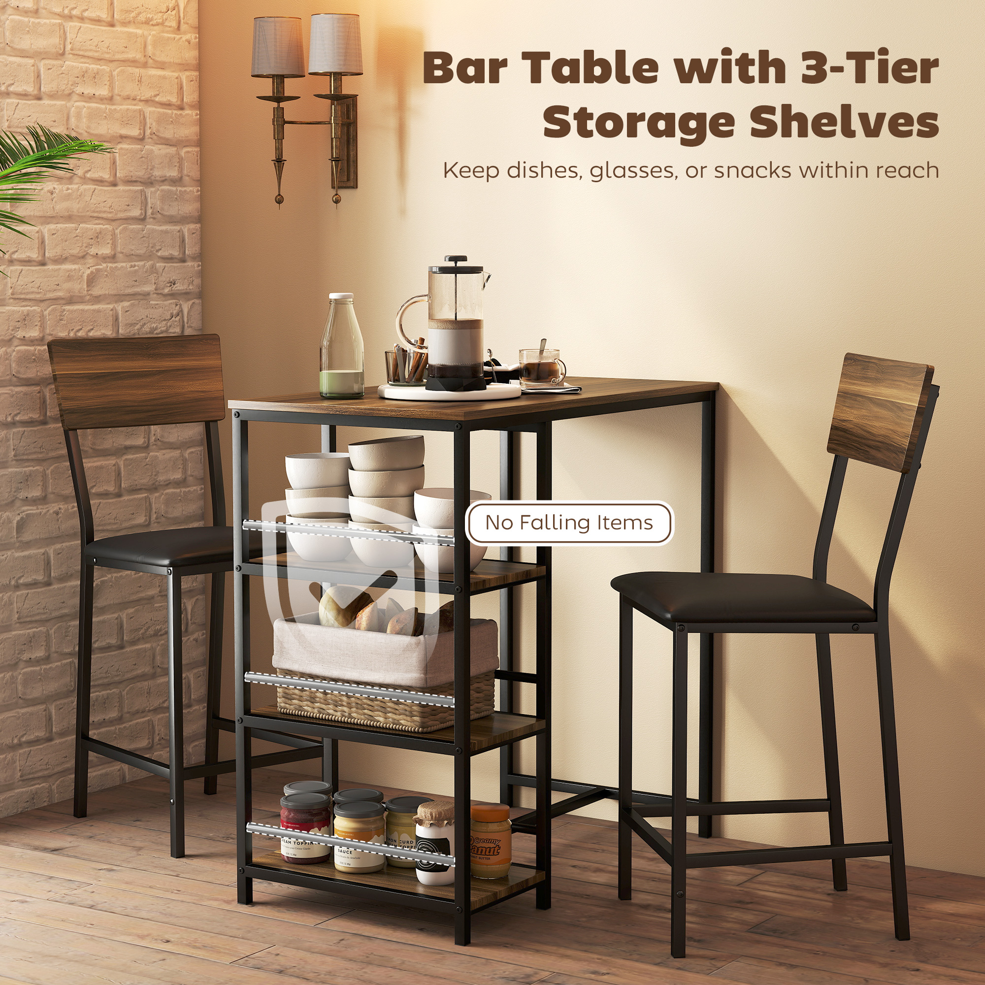  Masa de bar cu 3 rafturi si 2 scaune cu suport pentru picioare si spatar, din lemn si otel, negru si culoare nuc [3]