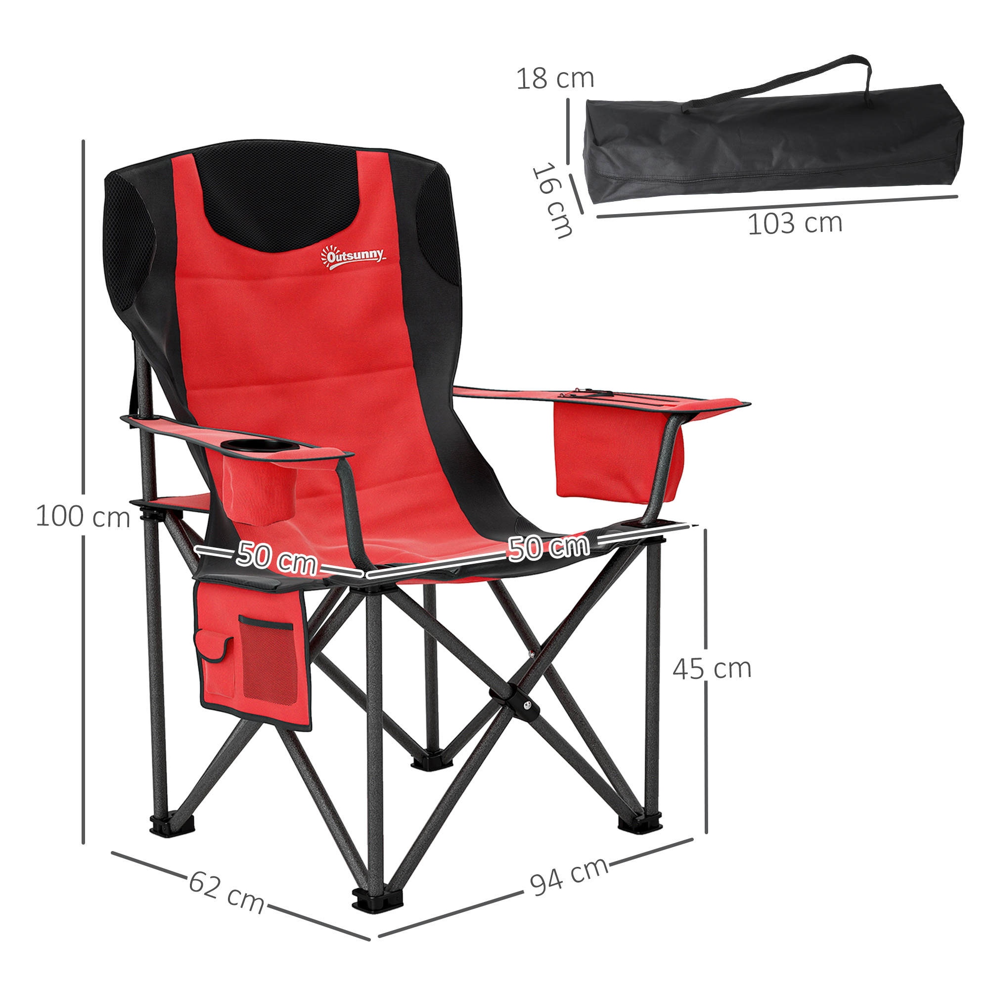 Set  de 2 Scaune de Camping Pliabile cu Cooler, Suport de Pahare si 2 Buzunare, 94x62x100 cm, Rosu [2]
