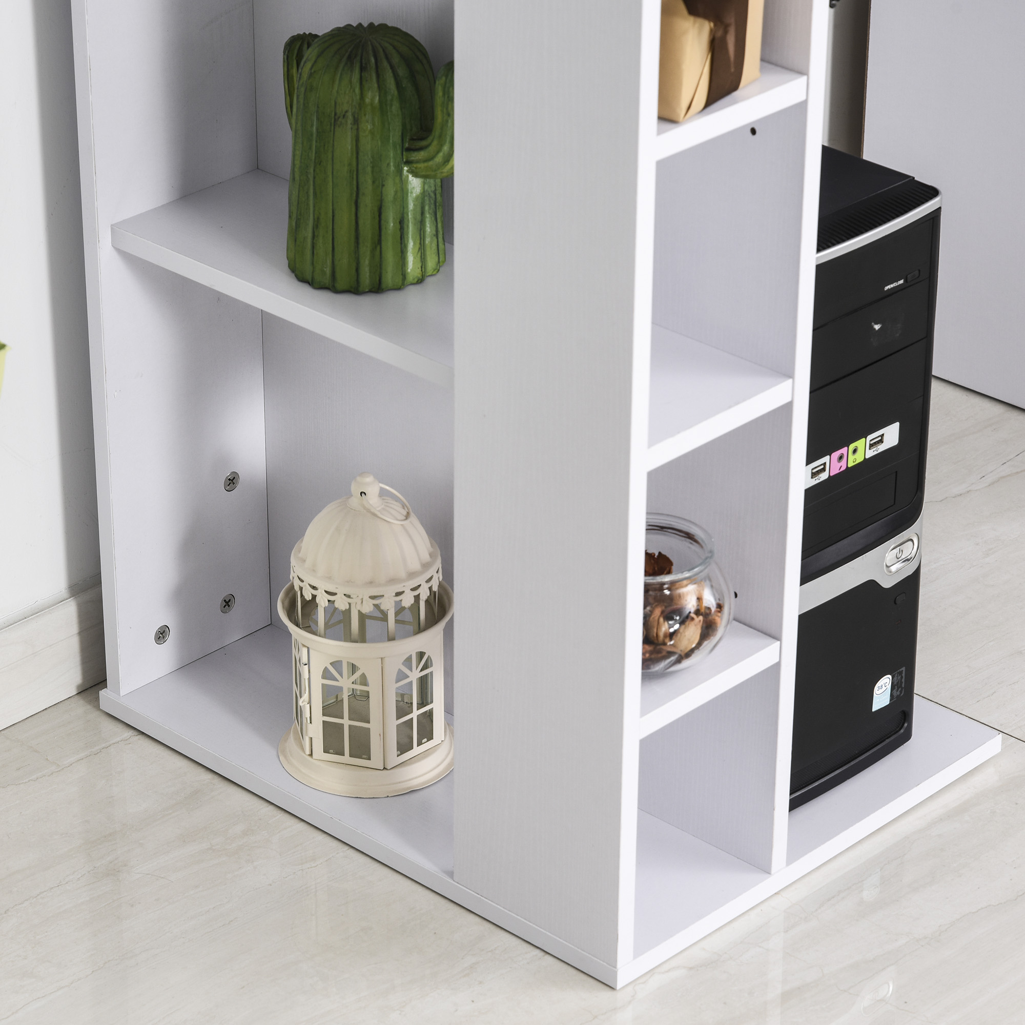  Birou PC Ergonomic - Alb, Cu Rafturi & Blat Tastatura [6]