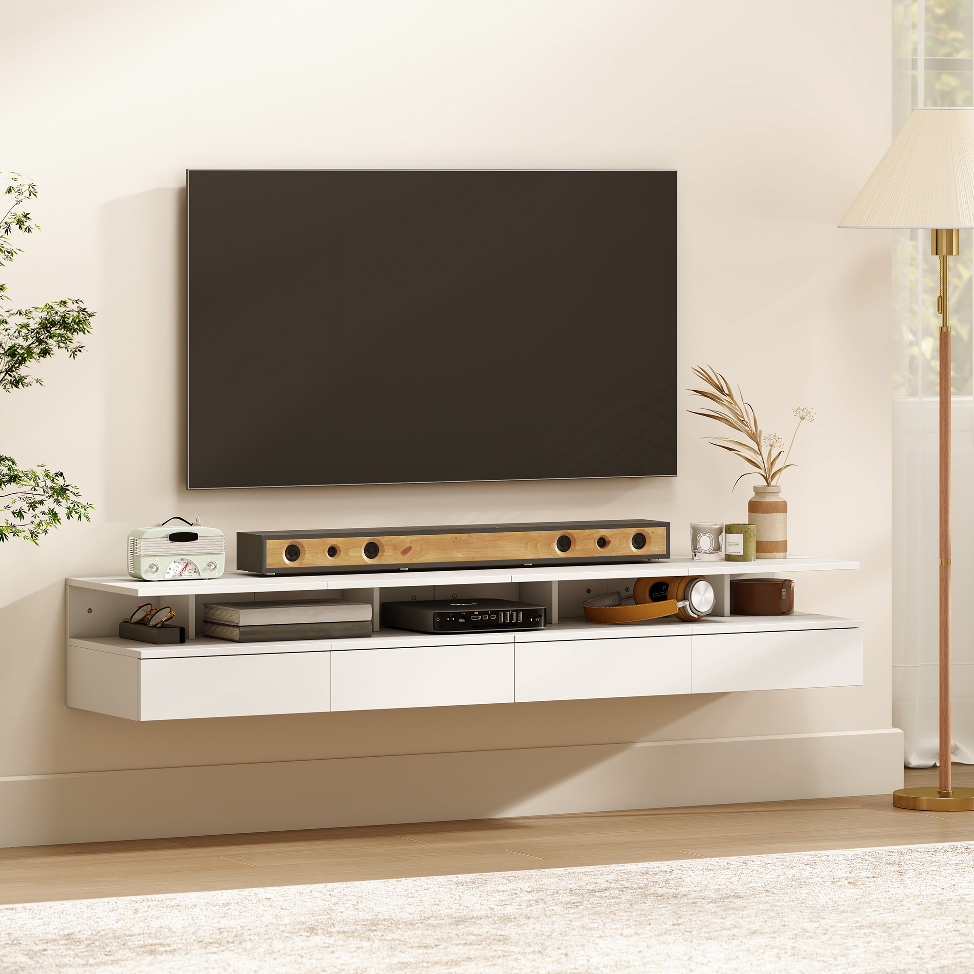  Set de 2 Noptiere Suspendate cu Sertar si Raft Deschis, 35x32x22,5 cm, Alb [7]