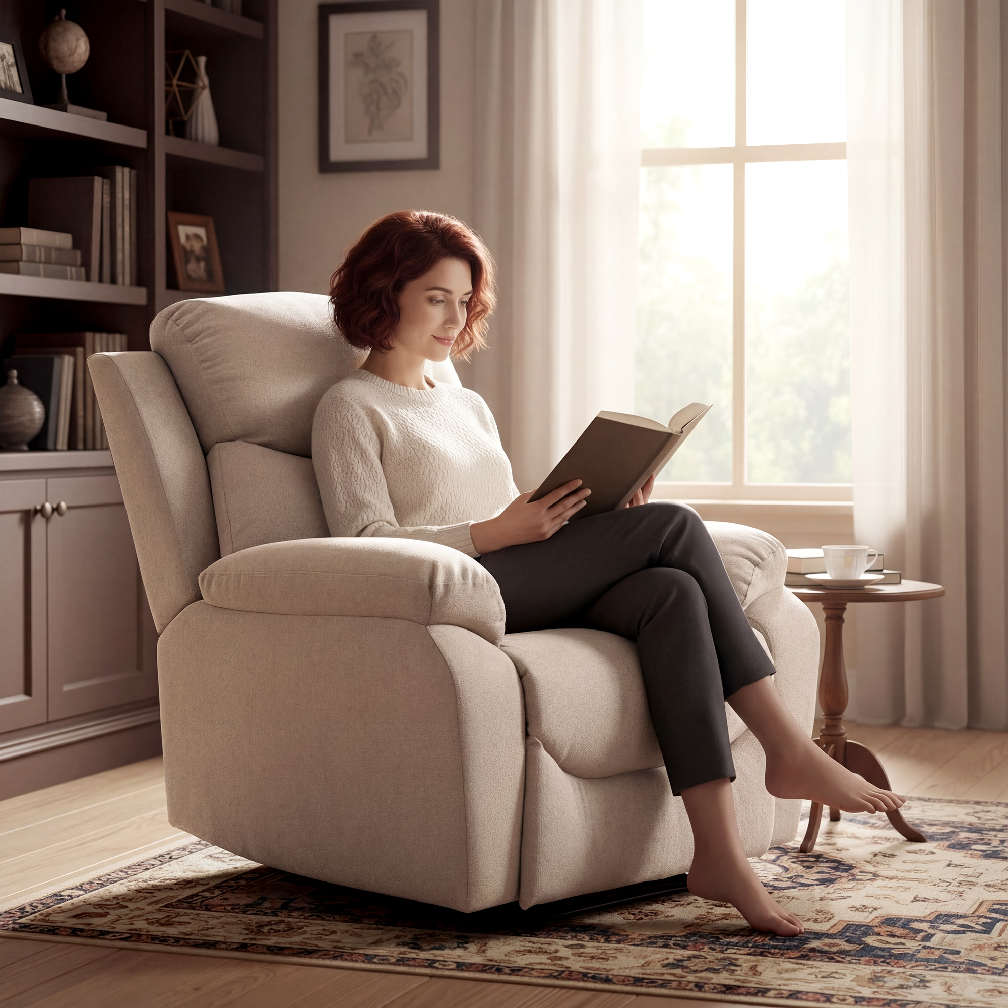  Fotoliu Rabatabil Manual cu Perne Groase, Manere Captusite si Suport pentru Picioare, Bej [7]