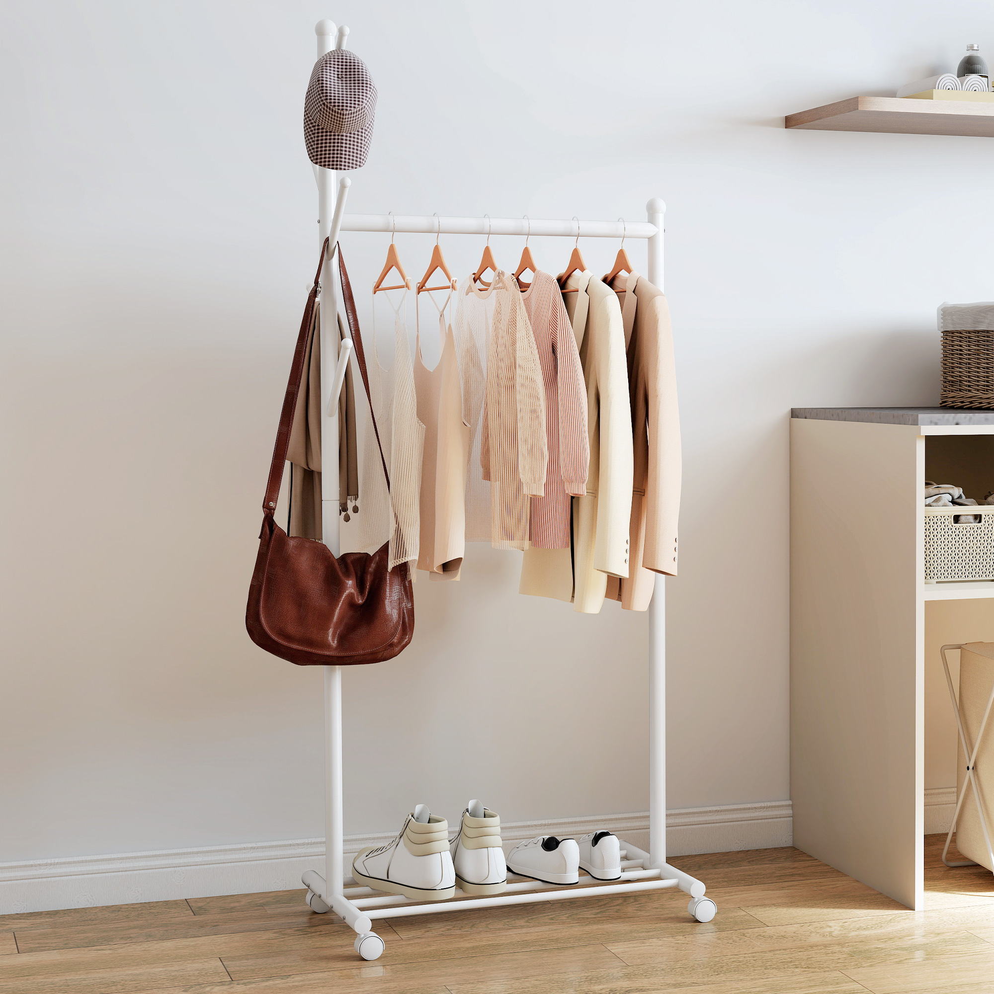  Stand Cuier de Podea cu Roti, 5 Carlige si Raft Inferior pentru incaltaminte, Alb [1]