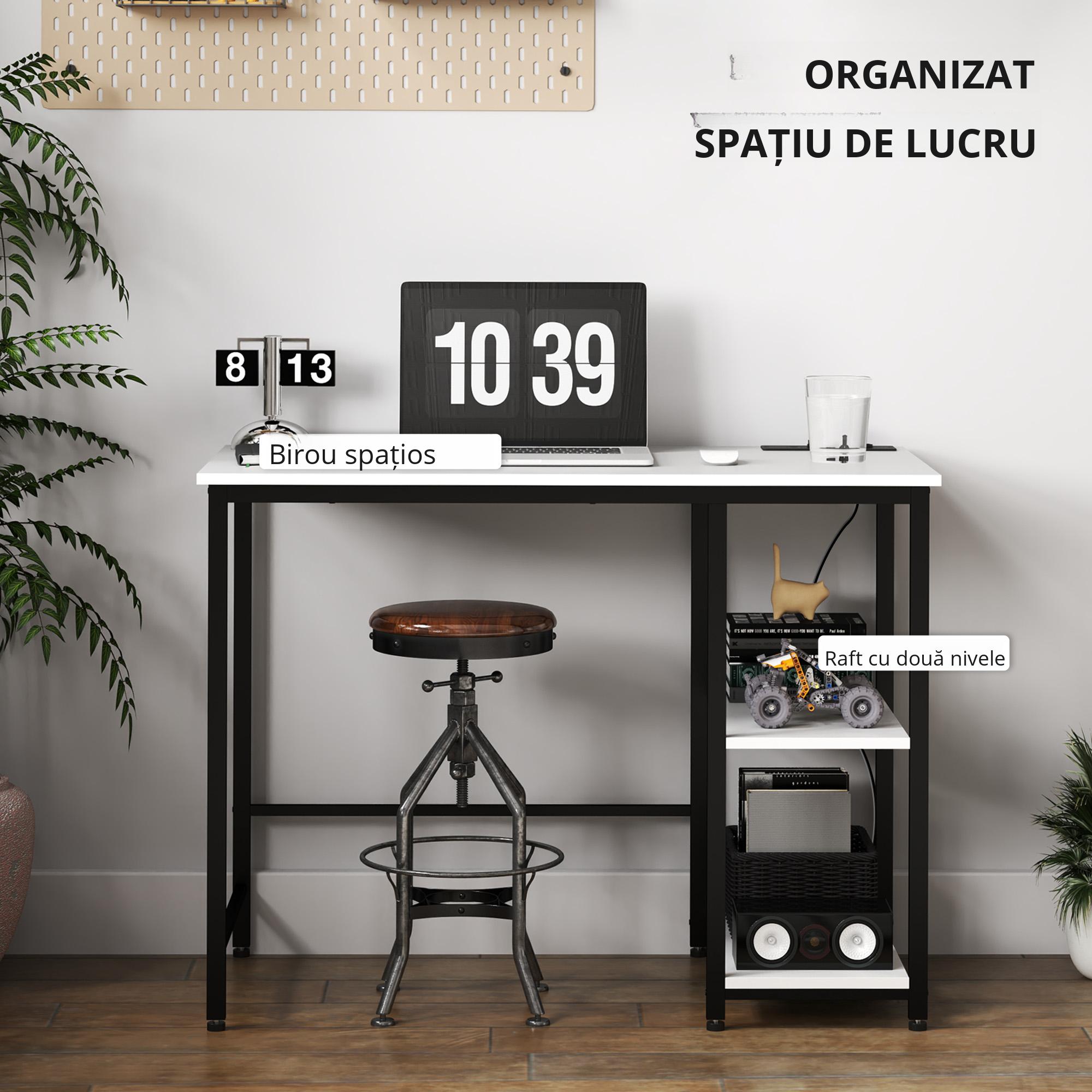  Birou Computer - Alb/Negru cu Rafturi Reversibile & USB Integrat [3]