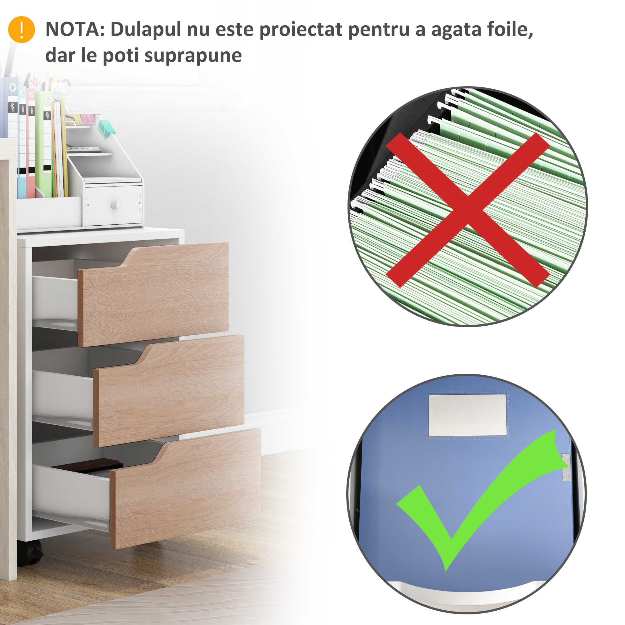  Comoda Birou - 3 Sertare, Roti, Alb si Lemn [6]