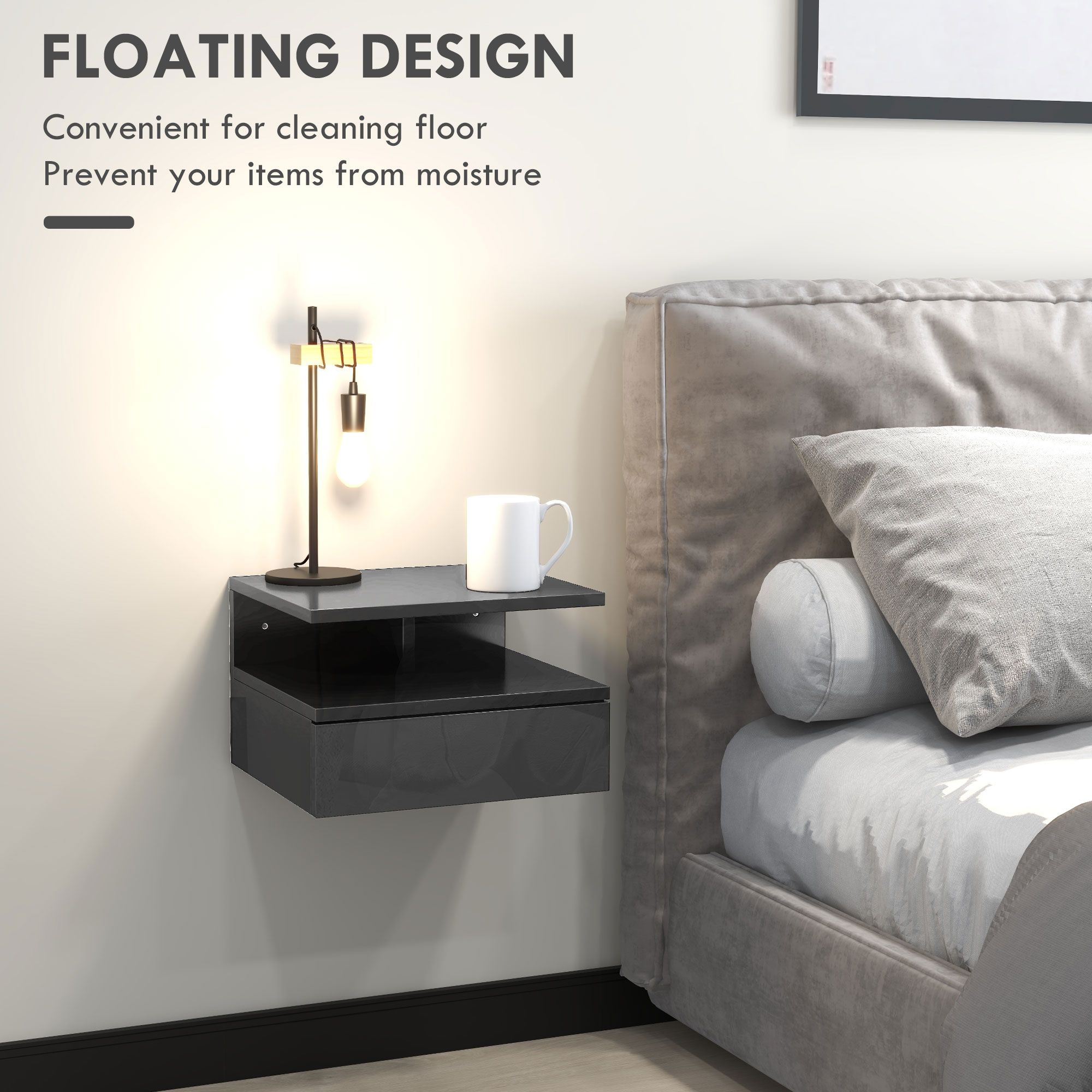  Set de 2 noptiere moderne suspendate cu sertar si polita din lemn, 35x32x22,5cm, negru lucios [3]