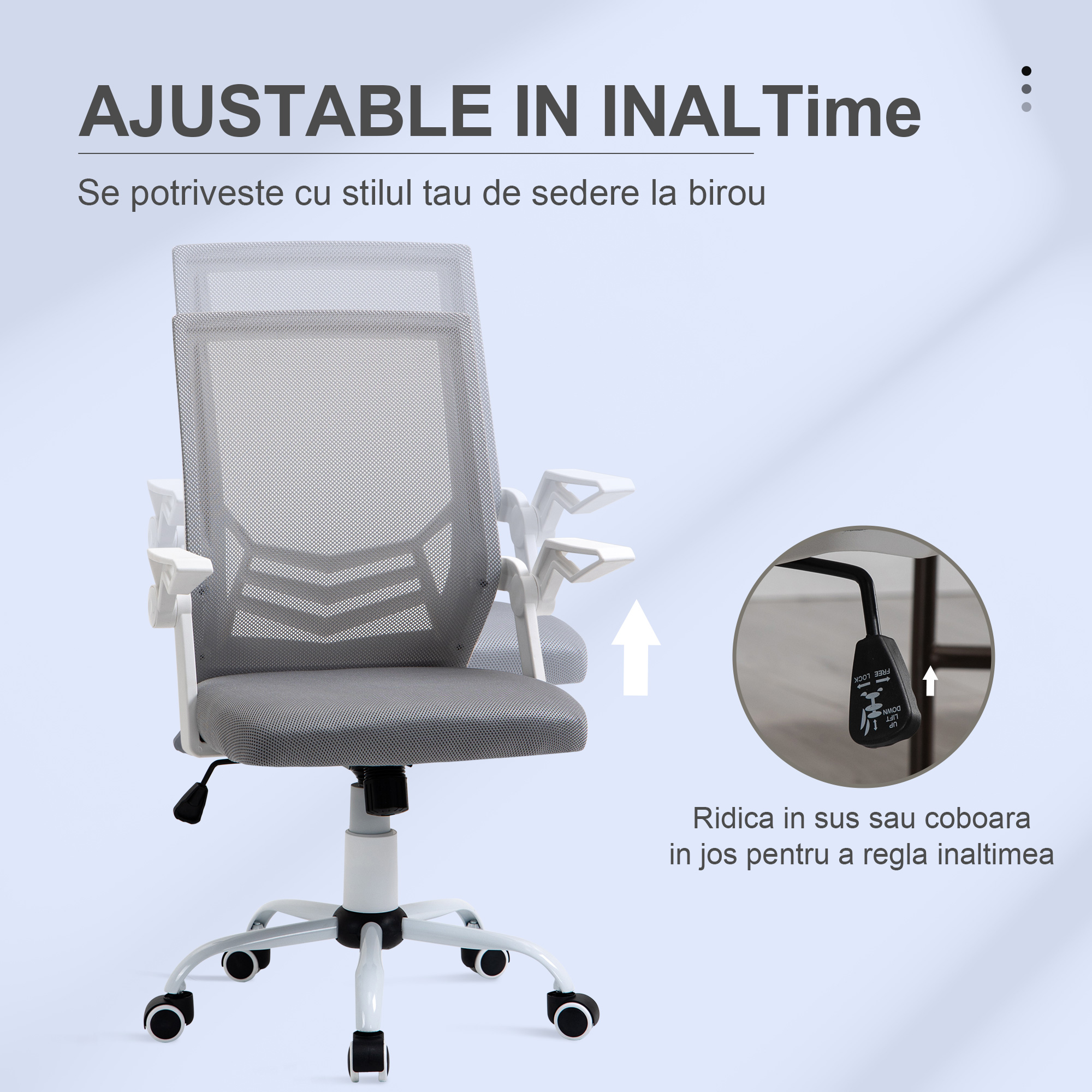  Sedia da Ufficio Ergonomica con Braccioli e Supporto Lombare, in Tessuto Effetto Lino, 62.5x55x94-104 cm, Grigia [3]