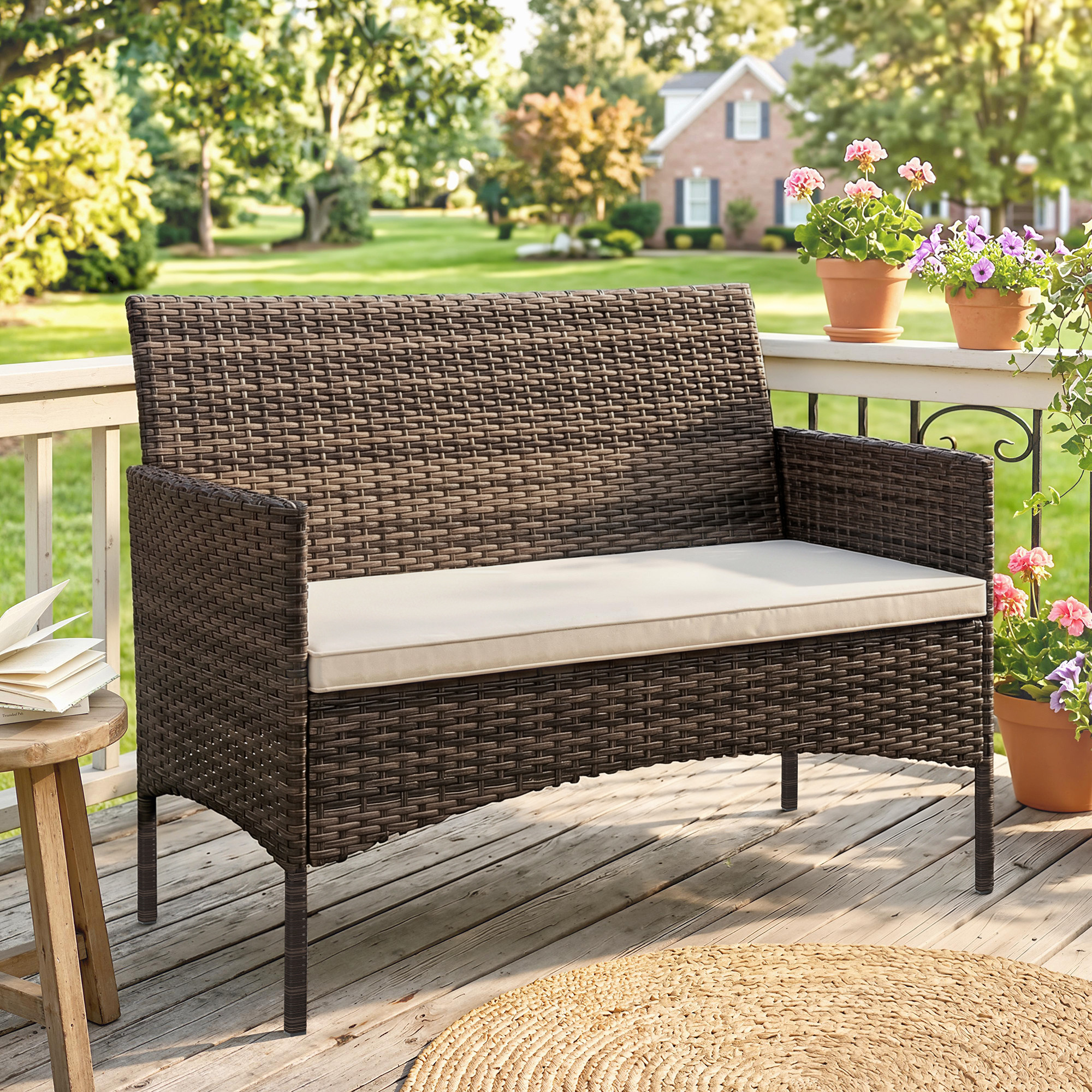  Canapea de Gradina 2 Locuri cu Perne si Tampoane Antiderapante, din Ratan si Otel, 115x63x85 cm, Bej [1]