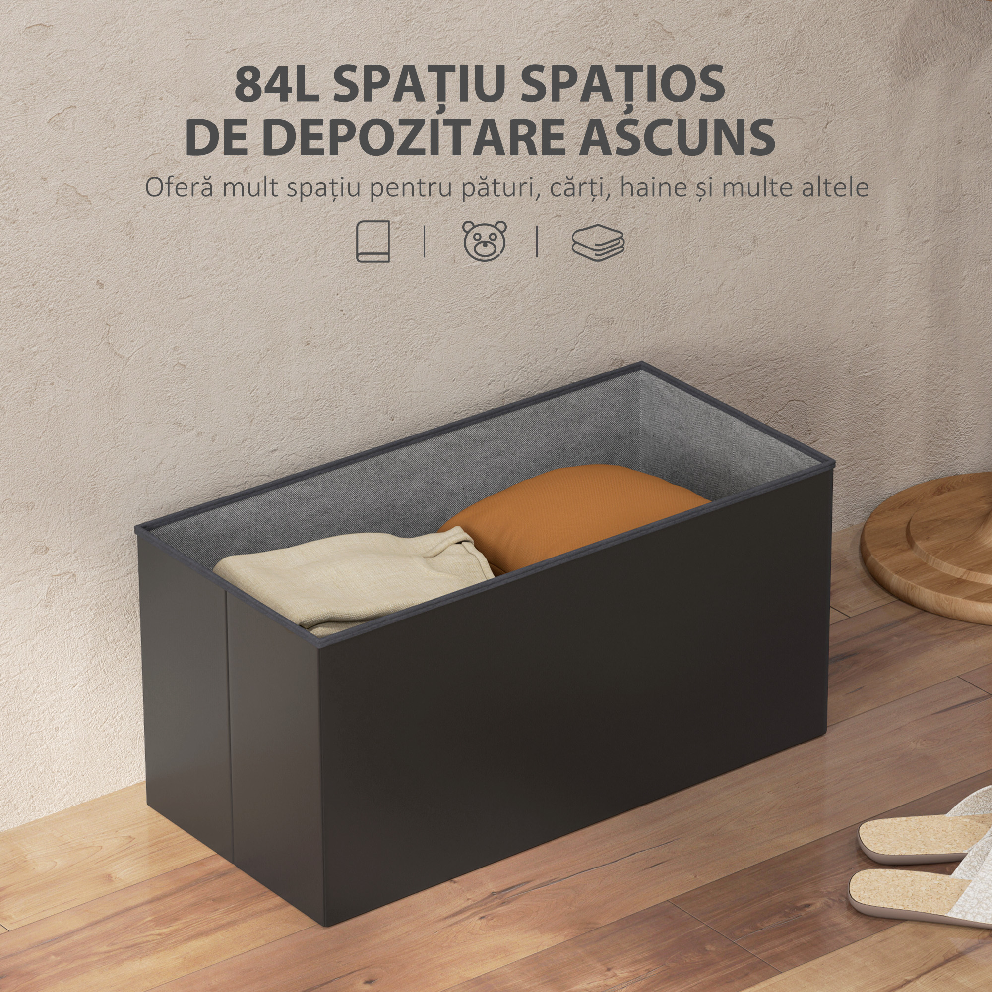  Banca Cutie de Depozitare Pliabila, Banca Taburet cu Capac si invelis din Piele Ecologica, 76x38x38 cm, Negru [3]