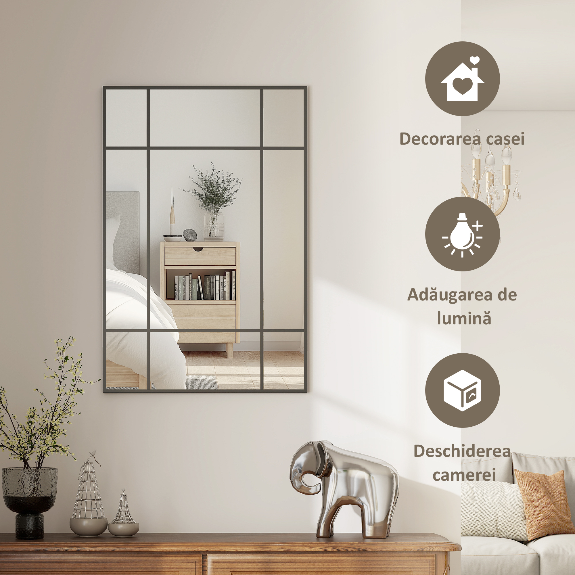  Oglinda Perete - Dreptunghiulara cu Cadru Metalic Stil Fereastra [3]