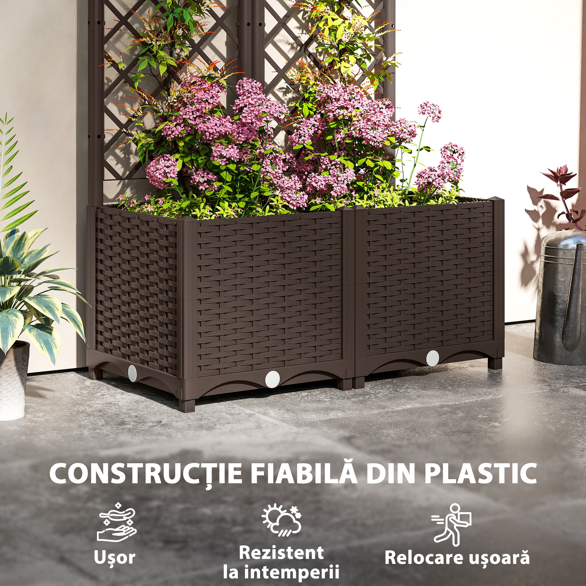  Pat inaltat pentru Gradina cu Spalier si 6 Orificii de Drenaj, 80x40x135 cm, Maro [4]