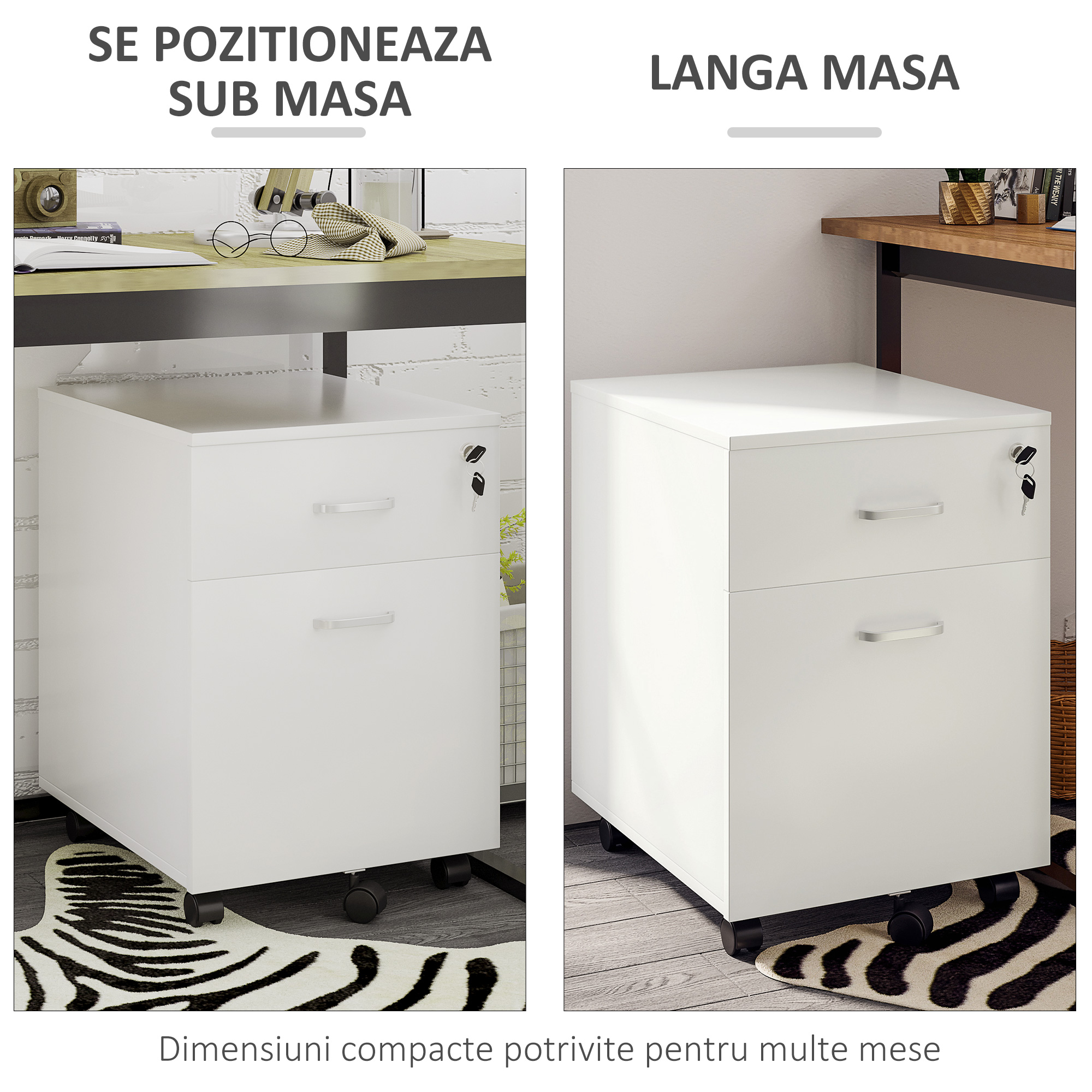  Fiset Birou cu 2 Sertare cu 5 Roti, Dulapior de Birou din PAL cu Incuietoare, 40x49x58 cm, culoare Lemn [4]