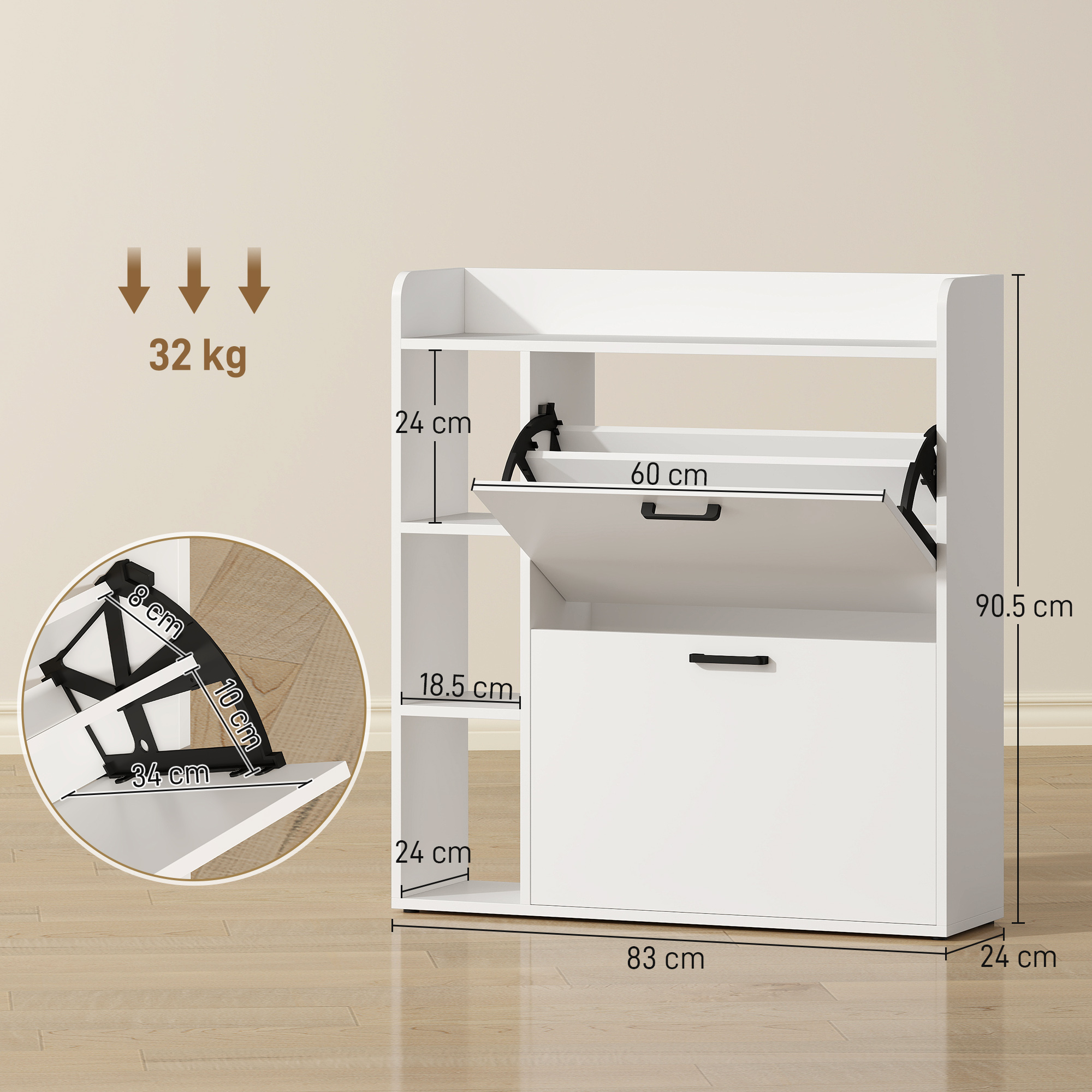  Dulap pentru pantofi slim cu 2 sertare rabatabile si 3 rafturi, Capacitate 15 perechi, 83x24x90.5 cm, Alb [2]