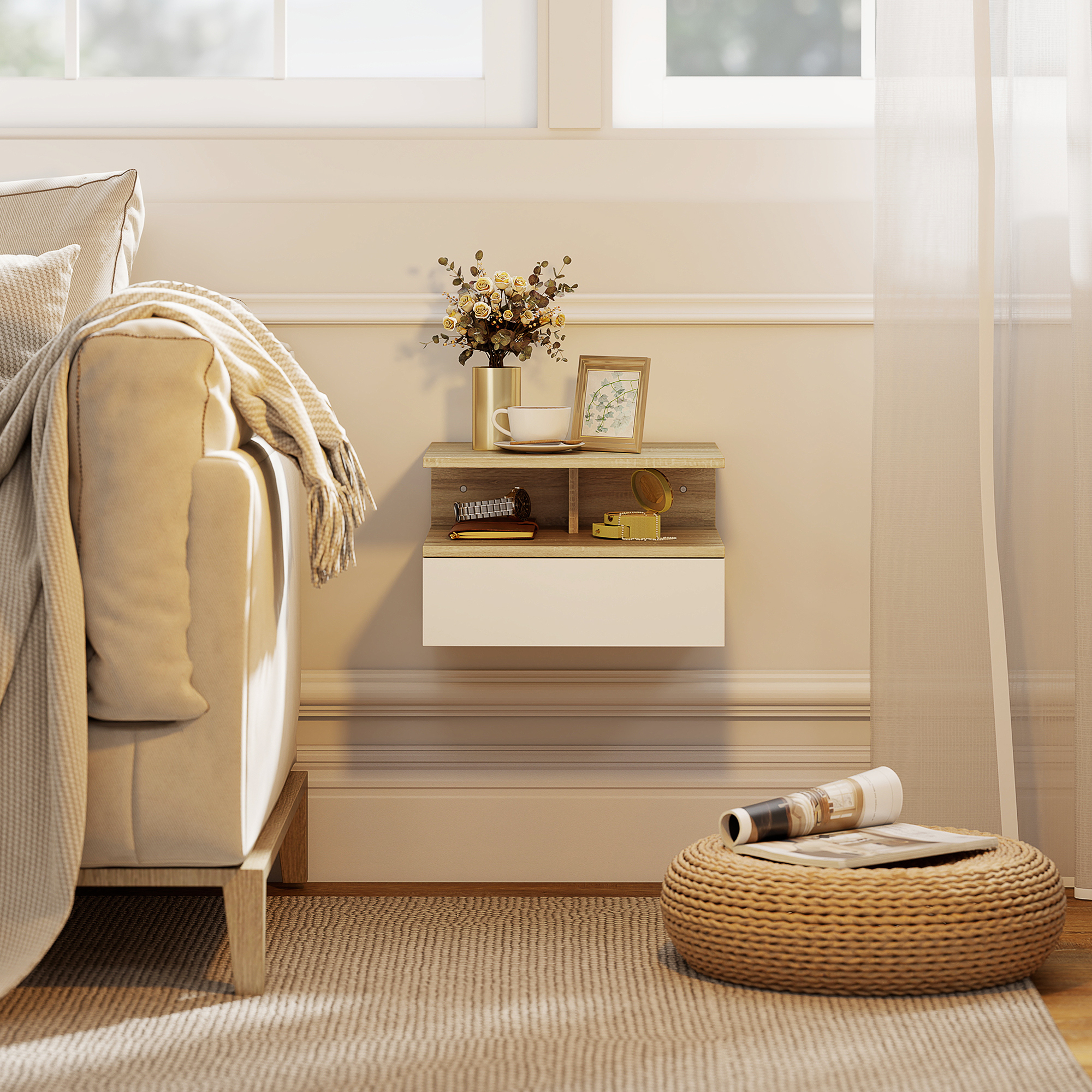  Set de 2 Noptiere Suspendate cu Sertar si Raft Deschis, 35x32x22,5 cm, Alb si Stejar [8]