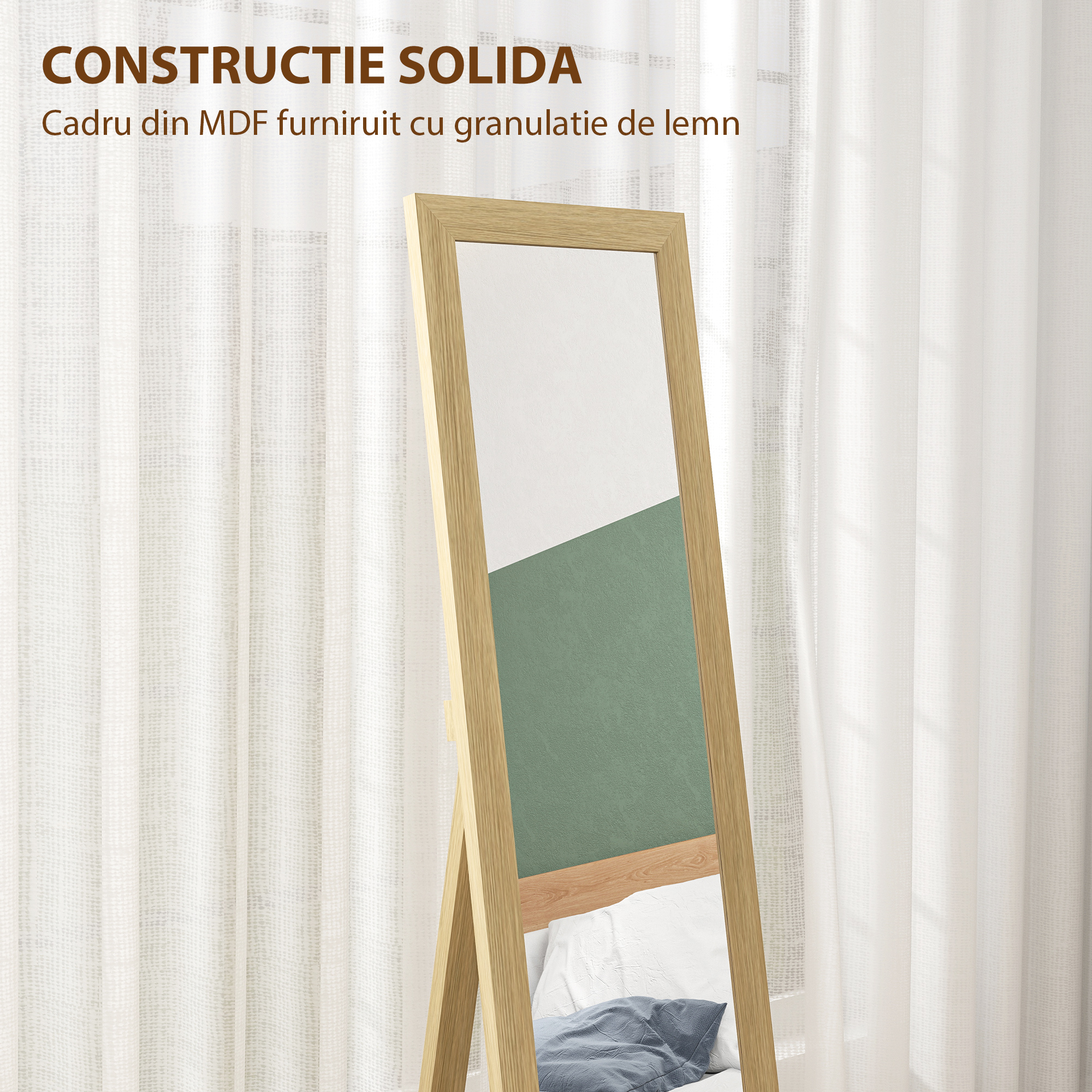  Oglinda cu Rama din MDF, Picioare si Carlige pentru Utilizare pe Podea sau pe Perete, 37x40x155 cm, Lemn Natural [7]