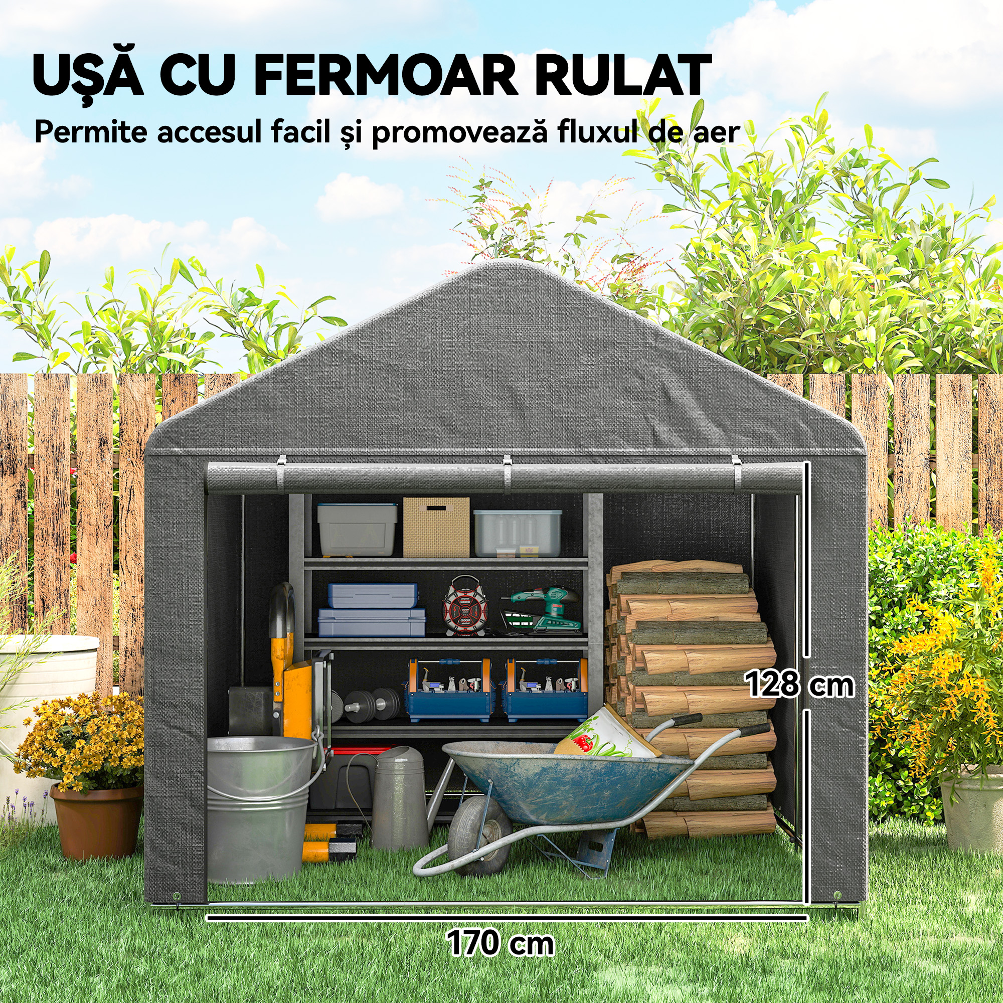  2x2,4 m Garaj Moto pentru Exterior, Tenda Impermeabila cu Usa Rulabila, pentru Biciclete si Unelte, Cadrul din Otel Zincat, Adapost de Gradina, Gri Deschis [4]
