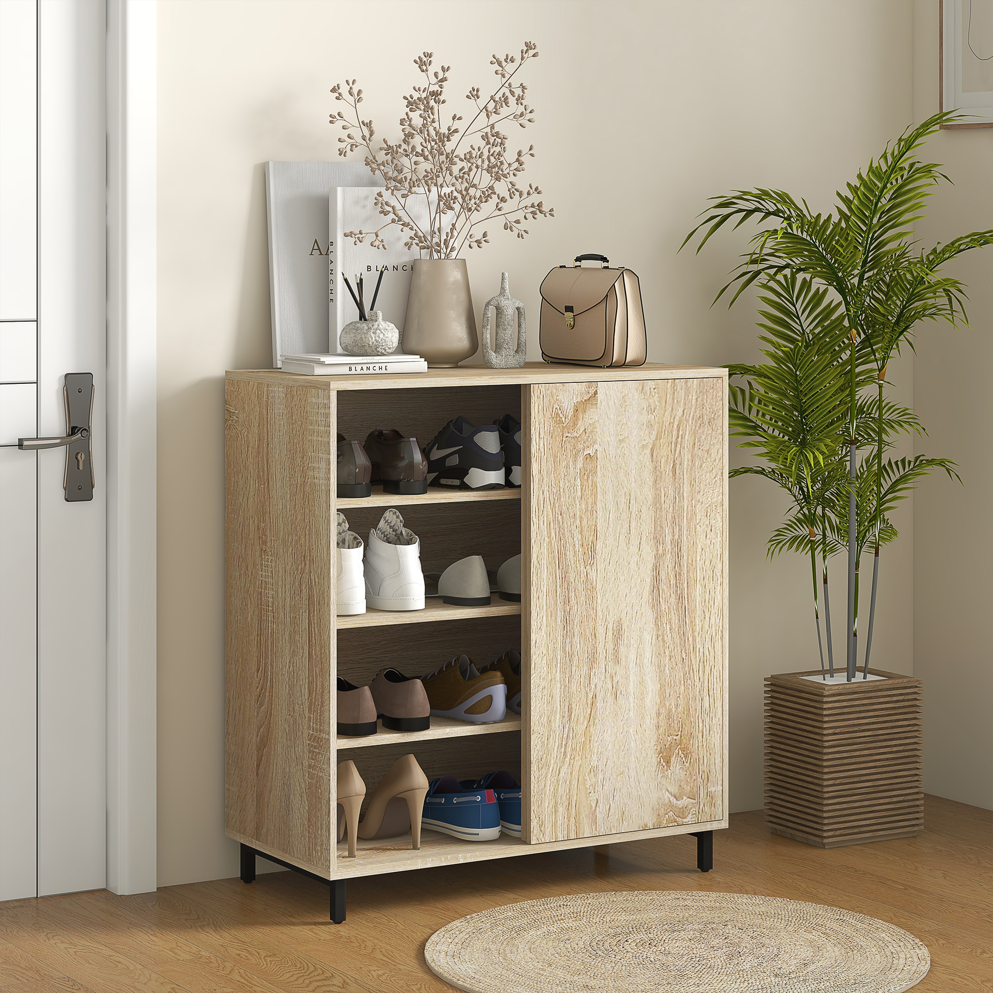  Dulap pentru Pantofi pe 4 Niveluri din PAL si Otel cu Usa Glisanta si Rafturi Reglabile, 80x40x93 cm, Lemn Natural [1]