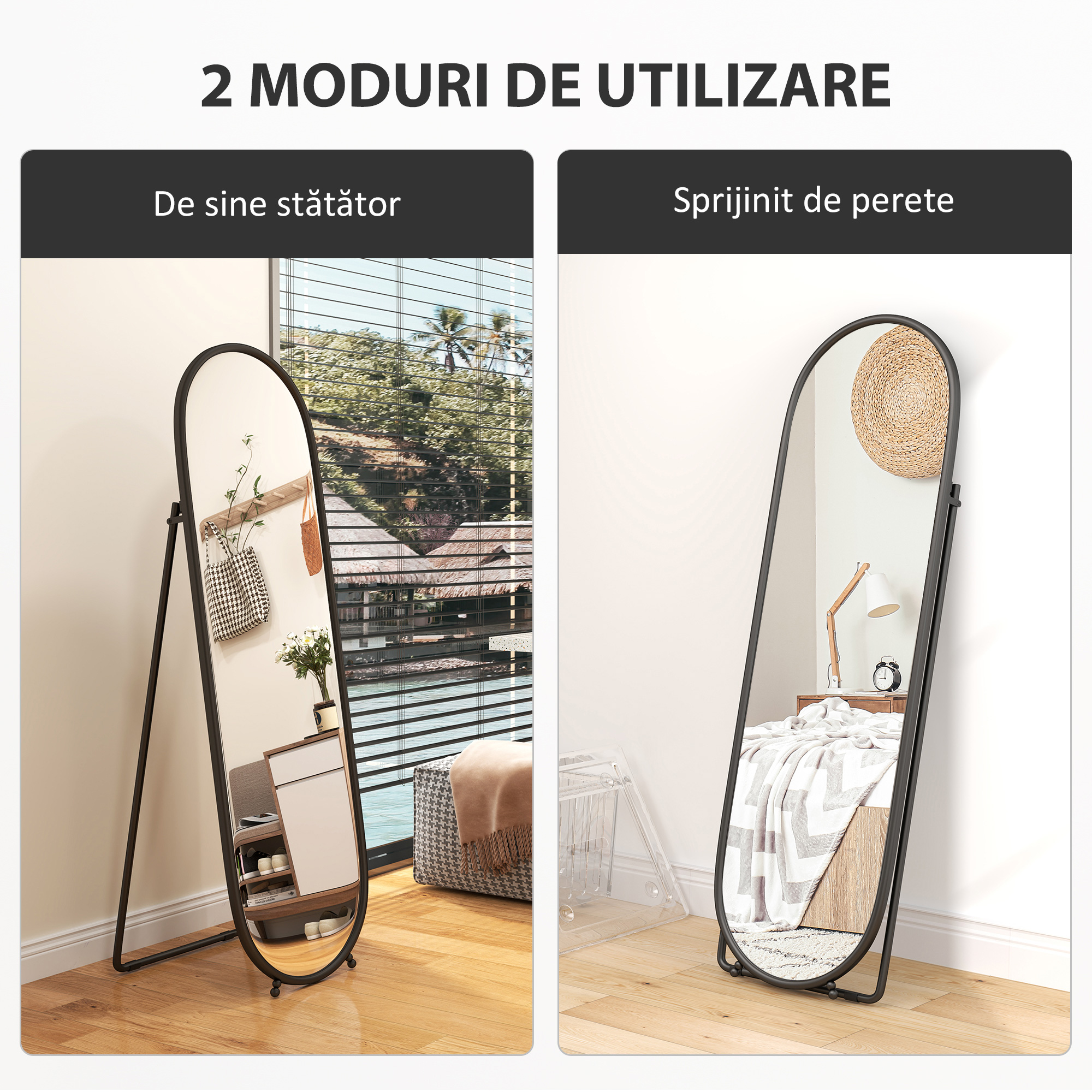  Oglinda Ovala de Podea, cu Suport Rabatabil, din Sticla si Metal, 40x41x159 cm, Negru [6]