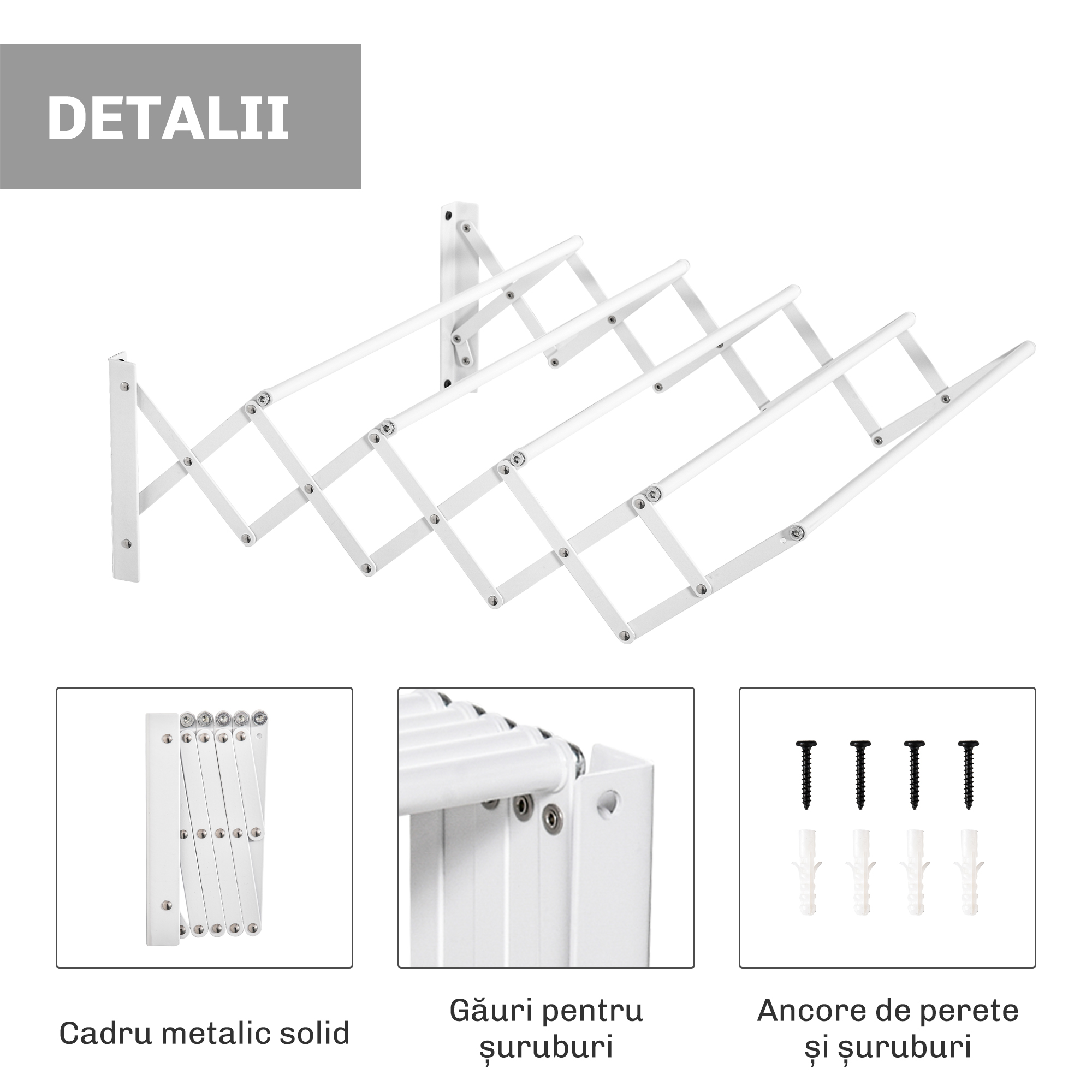  Uscator de Rufe Retractabil pentru Perete, Uscator Pliabil Economisitor de Spatiu din Metal pentru Interior si Exterior, 63,5x60x20 cm, Alb [5]