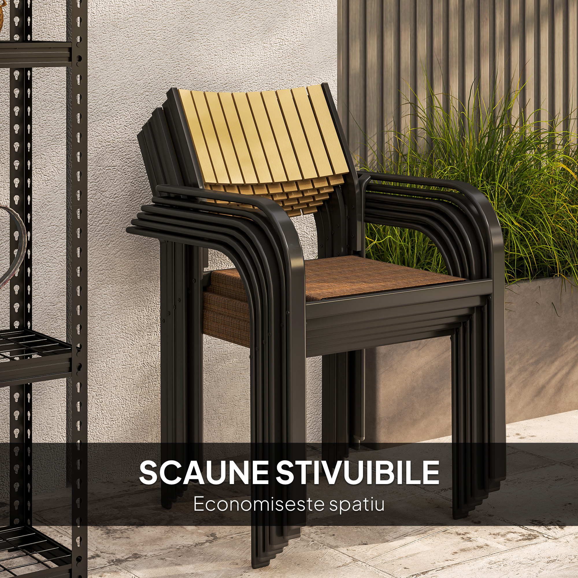  Set de Exterior din 7 Piese cu Masa Extensibila si 6 Scaune Suprapozabile, 160/240x90x74 cm, Maro [4]