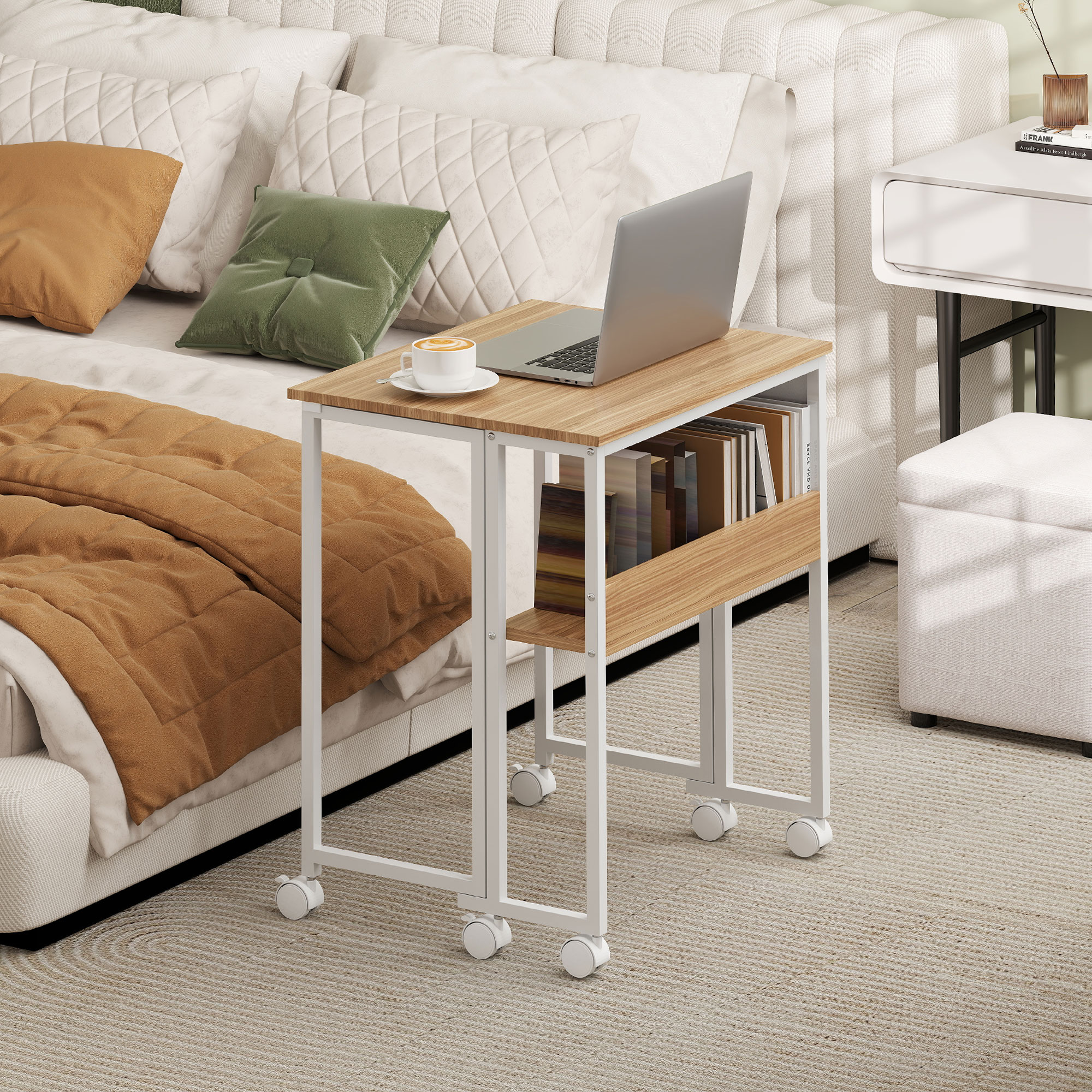  Birou Pliabil de 80 cm cu Raft de Depozitare si Blat Rabatabil pe Roti - Alb [7]