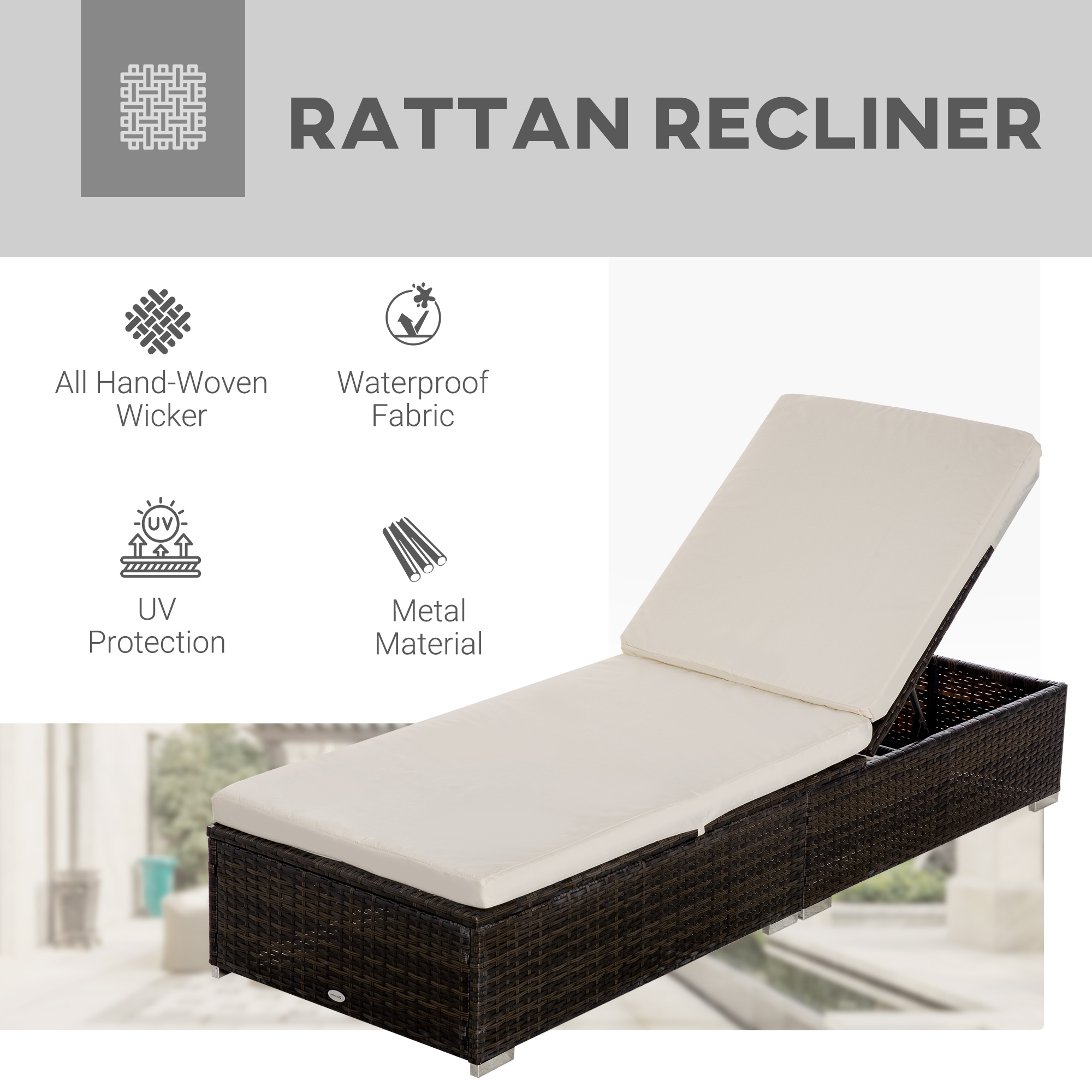  Sezlong pentru Plaja din Ratan PE cu Spatar Rabatabil in 5 Pozitii, 195x68x30cm, Maro [3]