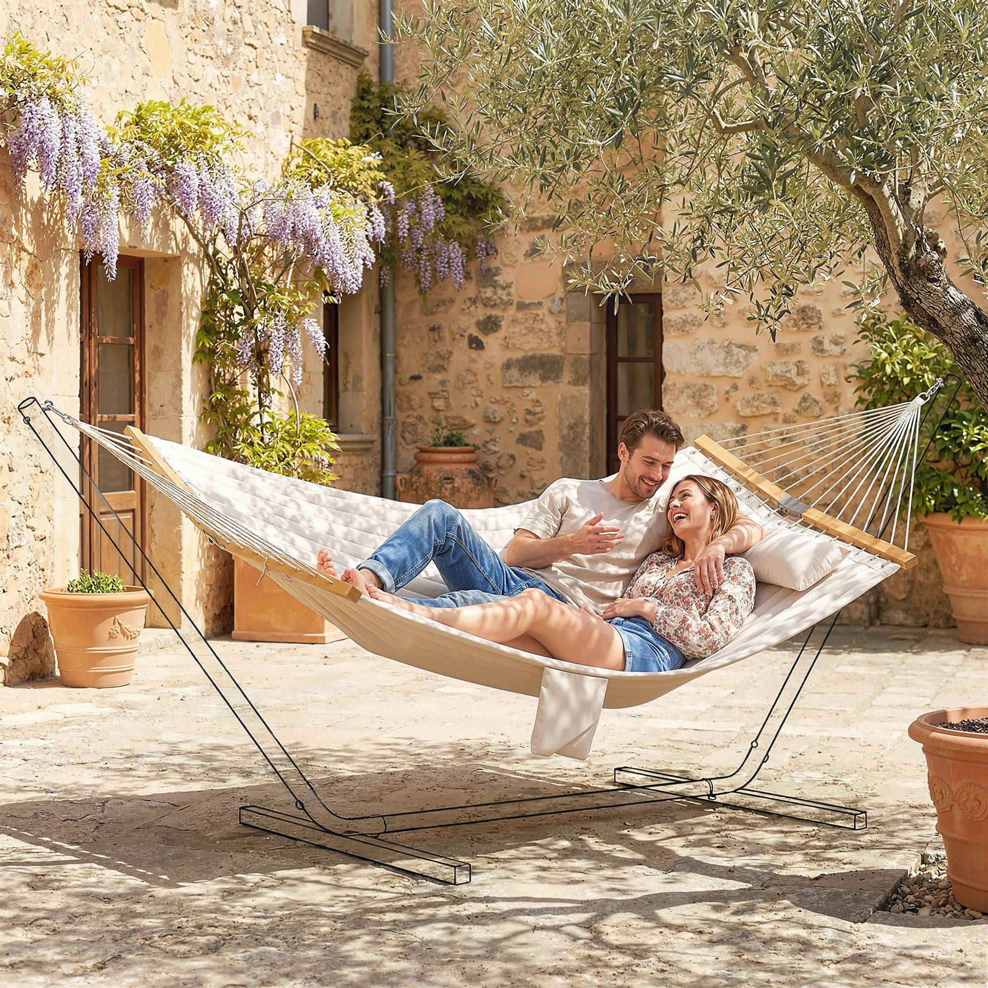  Hamac Exterior pentru 2 Persoane, Perna Captusita, Capacitate 200 kg, Crem [1]