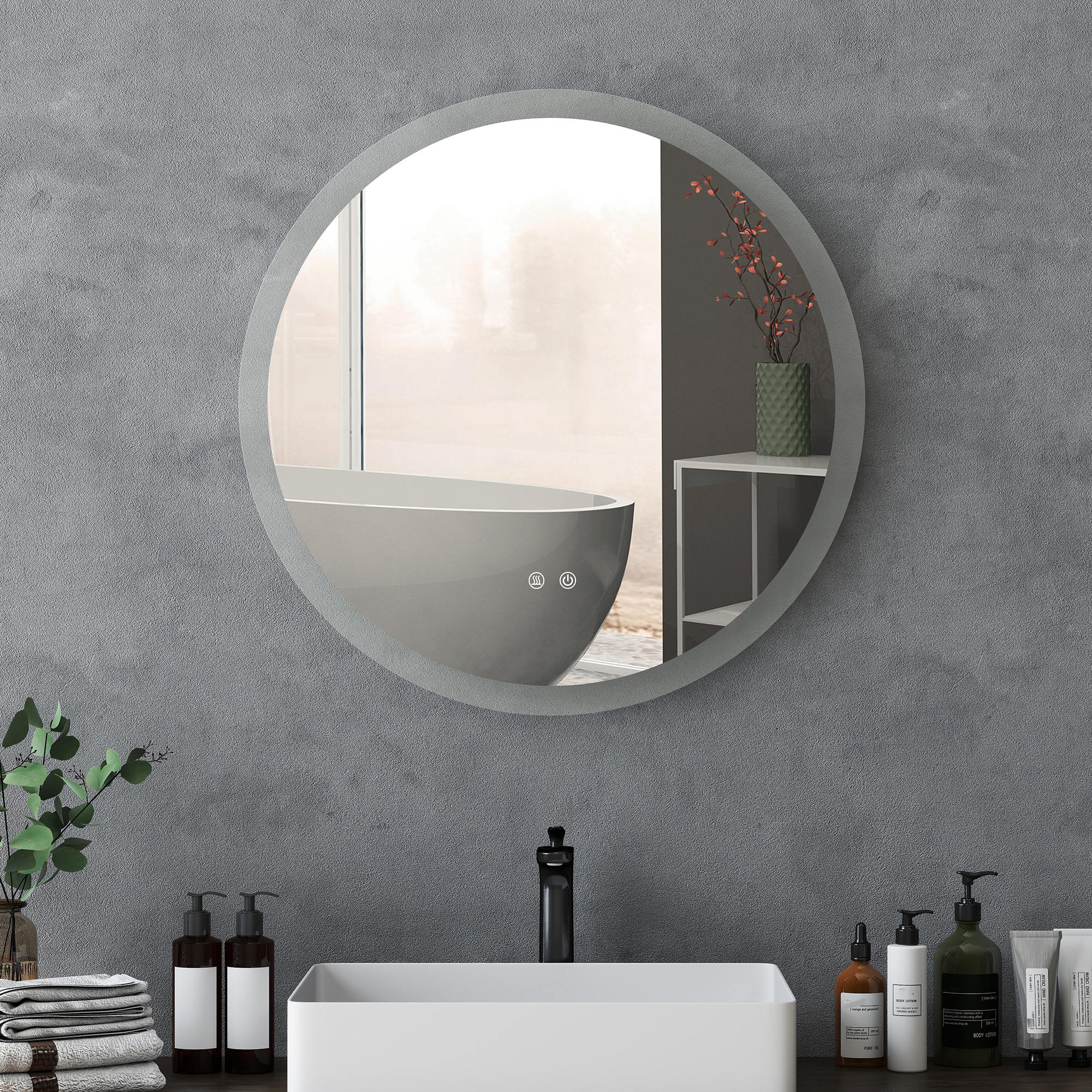  Oglinda Baie LED Anti-aburire cu 3 Culori si Luminozitate Reglabila, din Metal si Sticla, Ø70x3 cm [8]