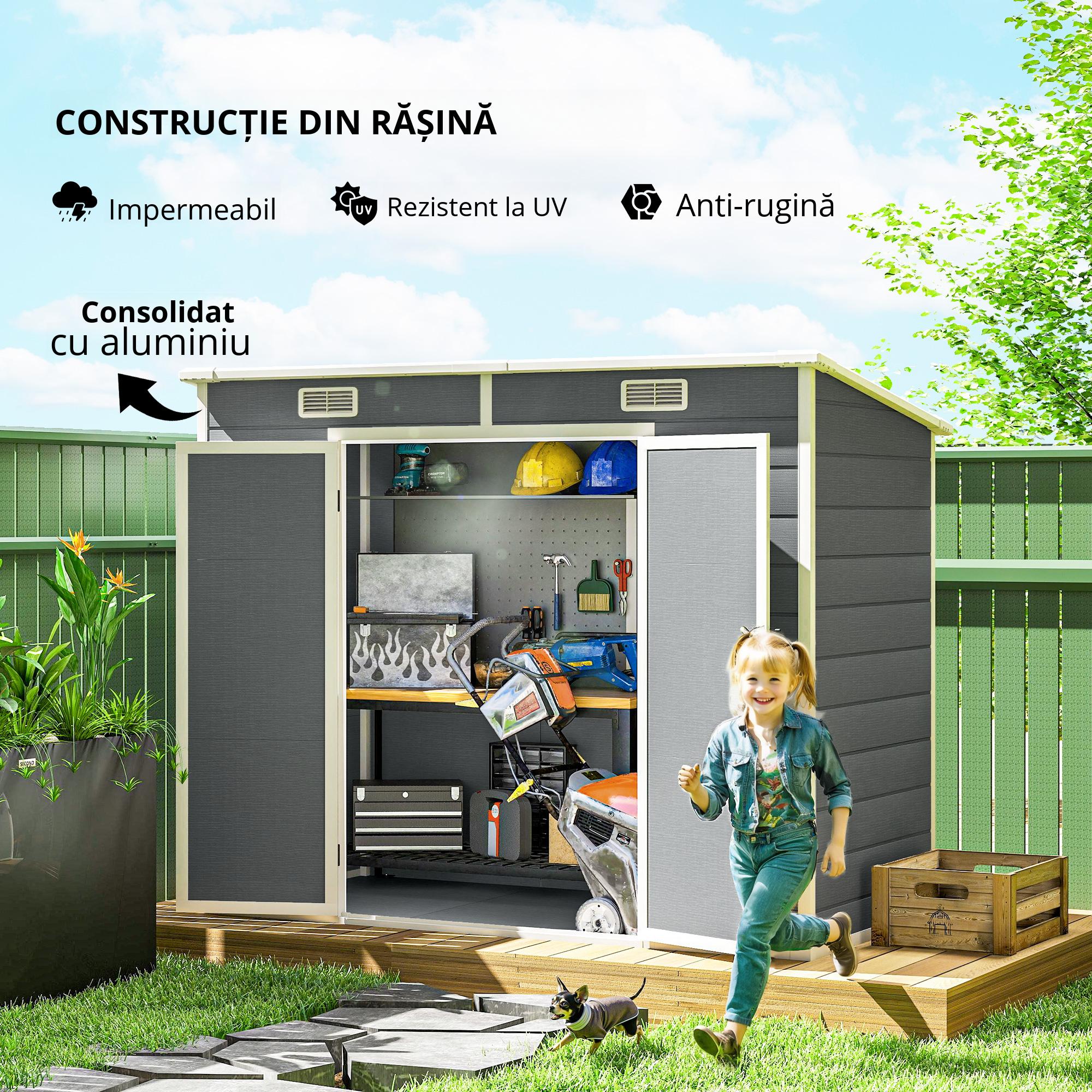  Casuta de Gradina din Rasina cu Podea, 2 Usi Blocabile, Fereastra, 2,4 x 1,3 m, Gri [6]