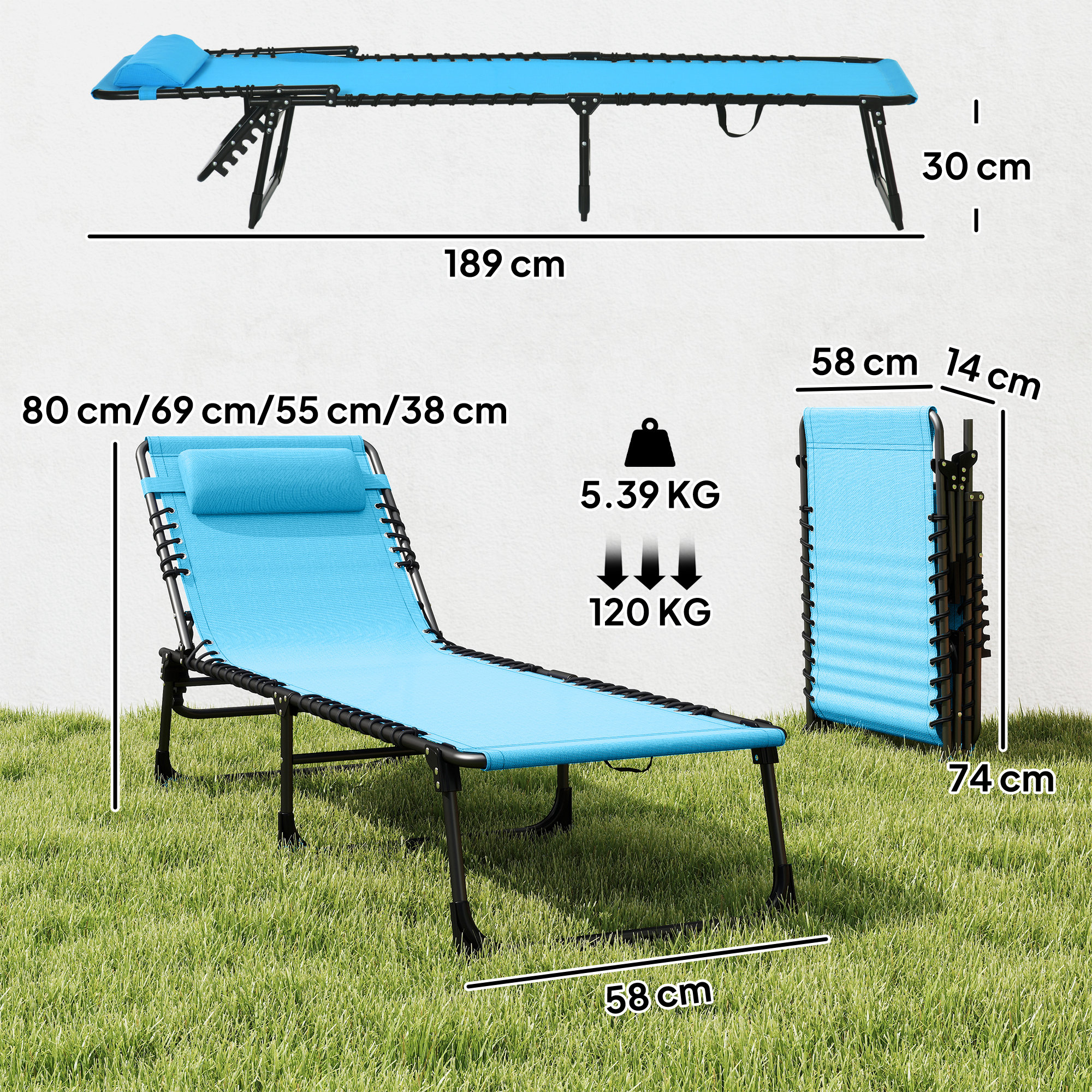  sezlong Pliabil cu Spatar Reglabil, Cadru din Otel si Material Textil Tip Plasa, 189x58x30 cm, Albastru [2]