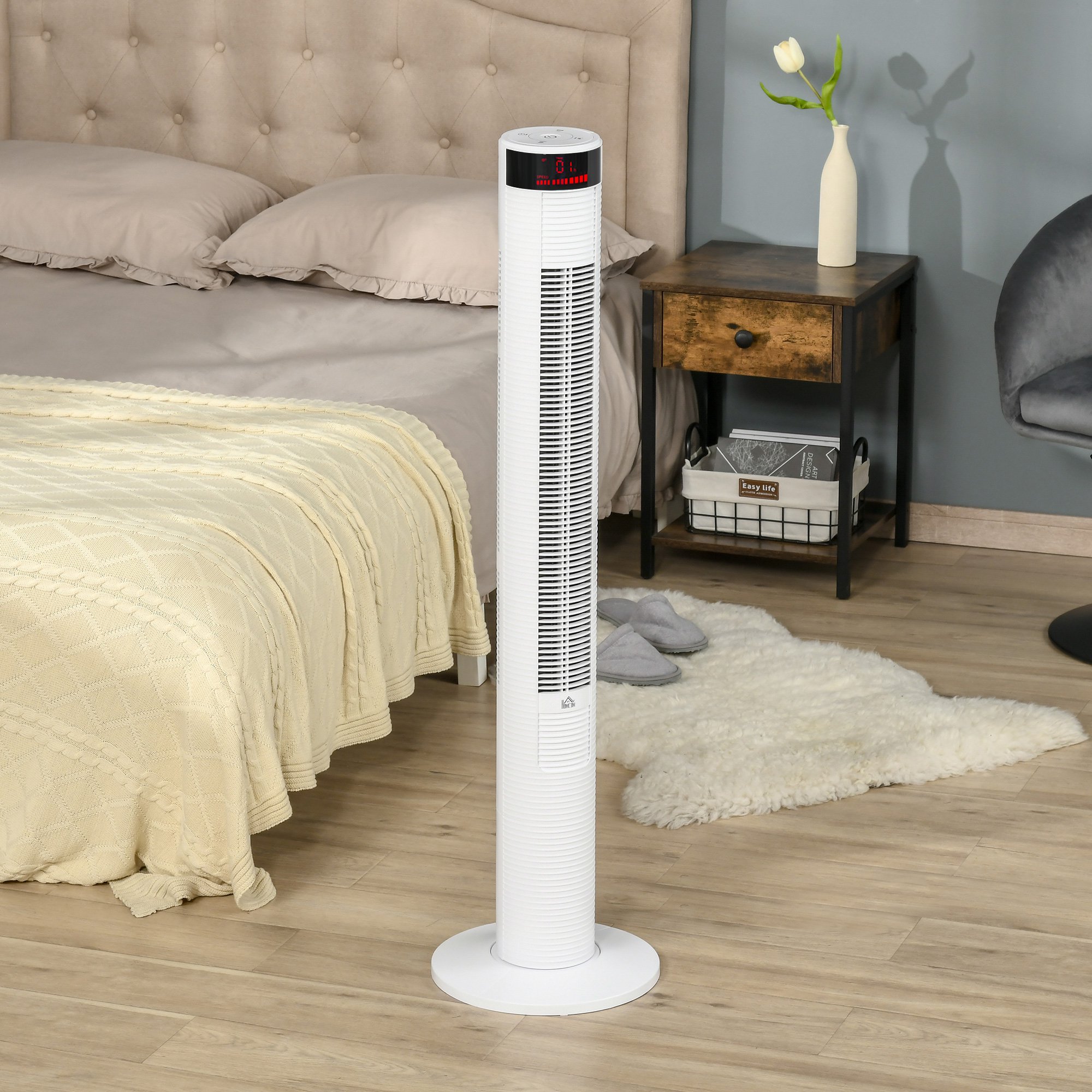  Ventilator Coloana cu 3 Viteze si 4 Moduri, Timer de12h, Panou LED si Telecomanda, Alb [1]