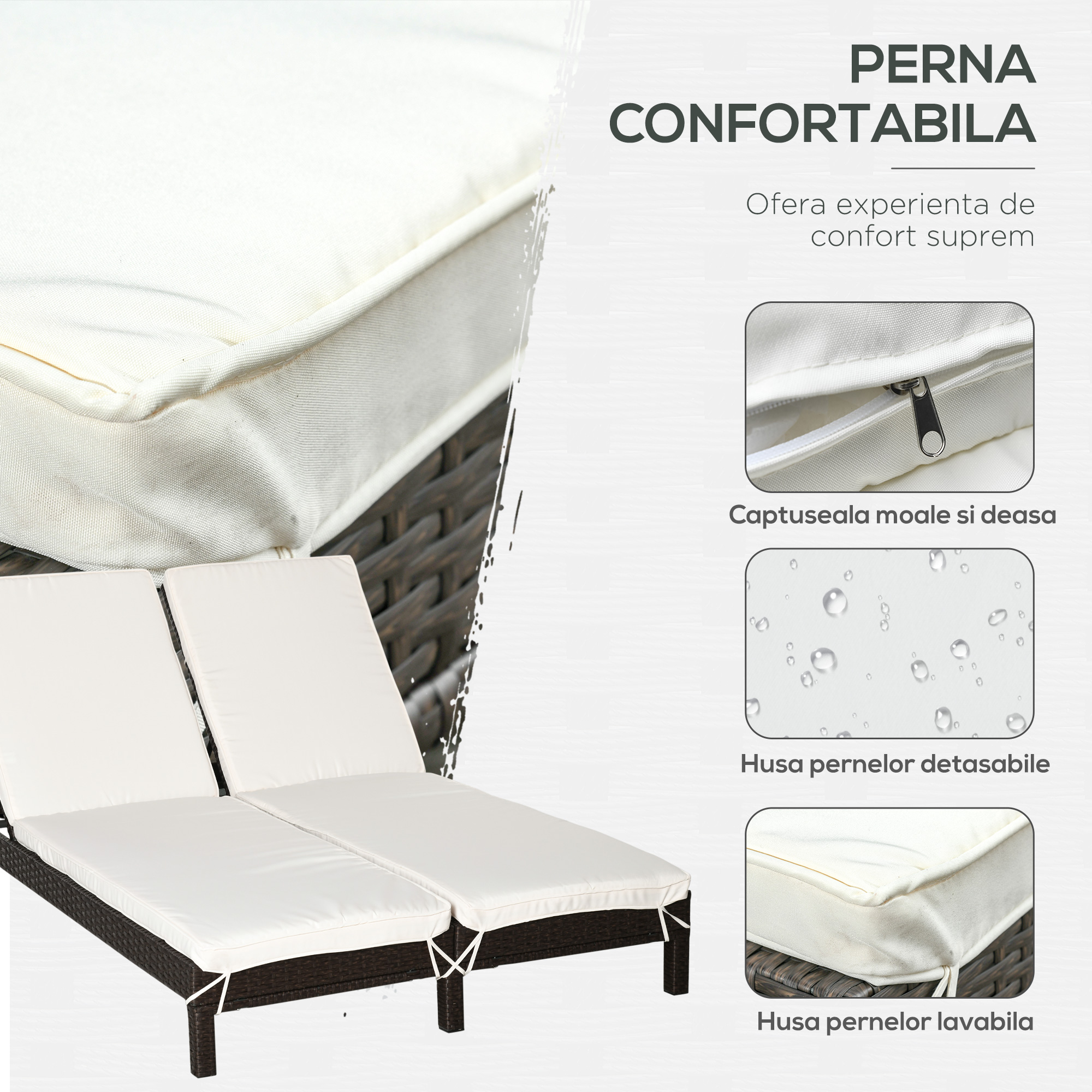  Sezlong cu 2 Locuri din PE Ratan Maro cu Saltea Alba 195 x 120 x 28 cm [5]