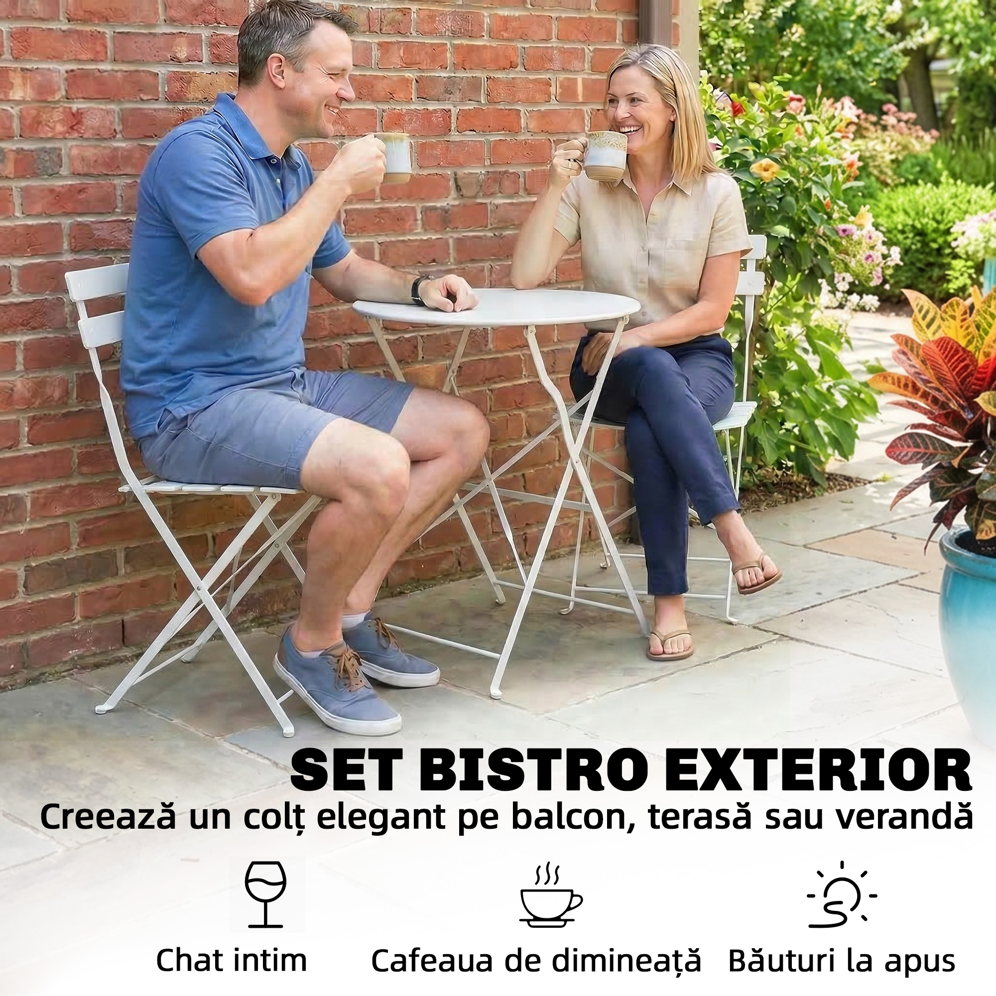  Set Bistro Pliabil pentru Exterior cu Masa si 2 Scaune, Alb [3]