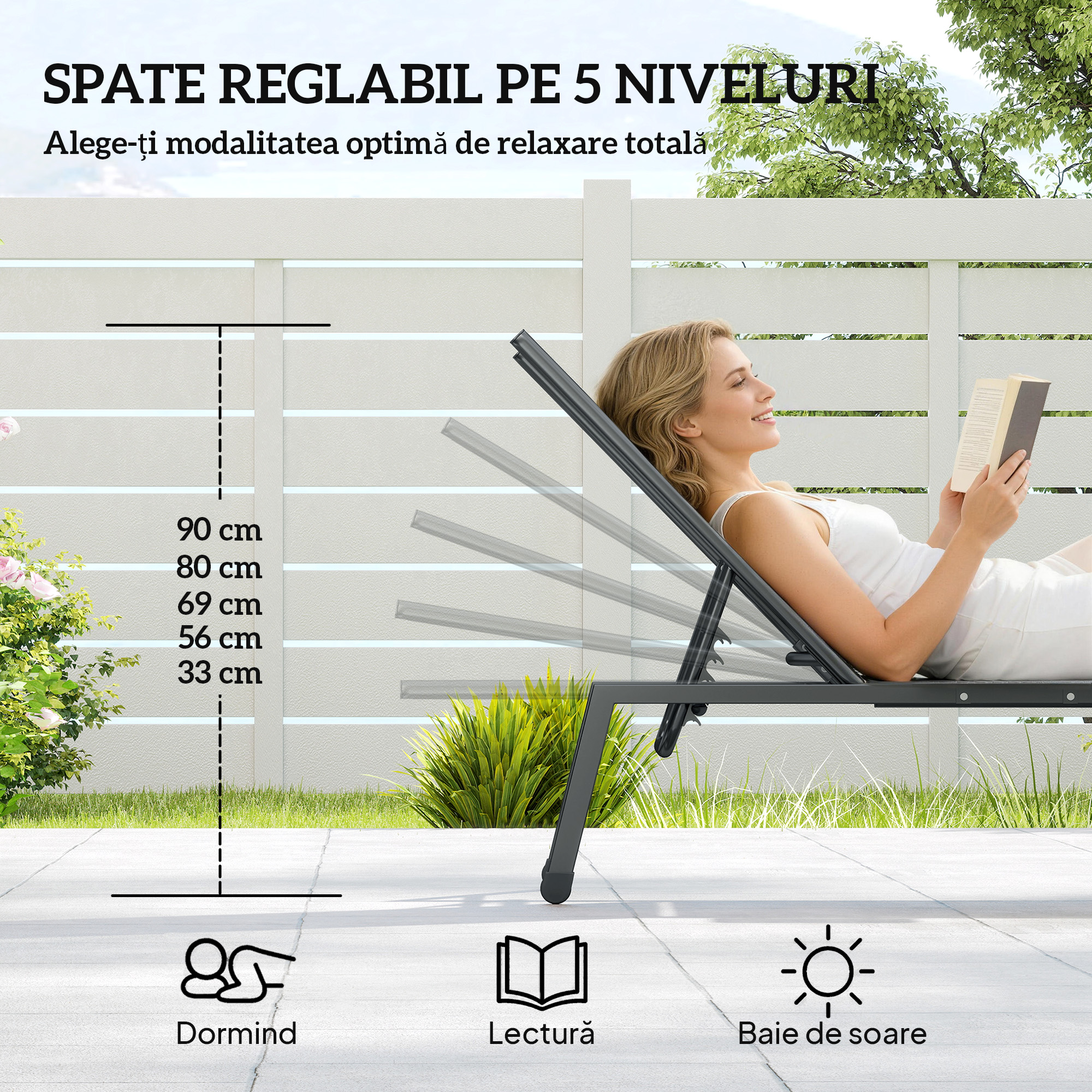  Set 2 sezlonguri Reglabile in 5 Pozitii cu Masuta Laterala si 2 Roti, din Metal si Poliester, Gri [4]